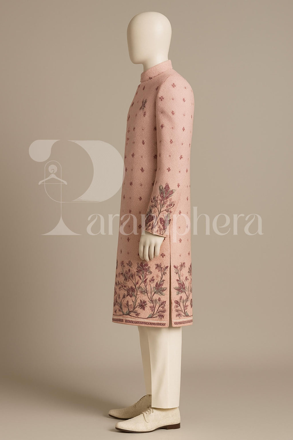 Men&#39;s Pink Embroidered Sherwani Set – Wedding Reception Wear | Handcrafted Velvet Ethnic Groom Outfit | Indian Festive Suit