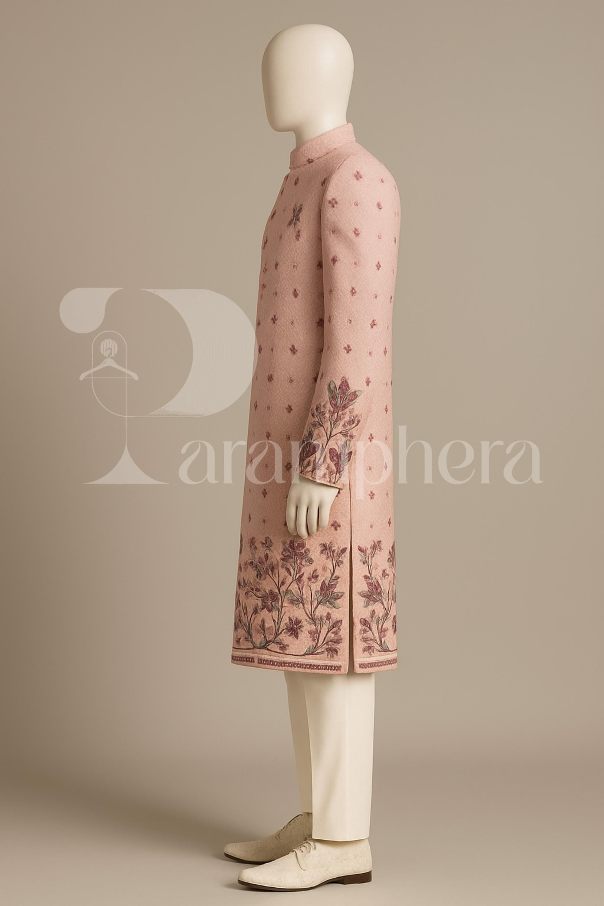 Men&#39;s Pink Embroidered Sherwani Set – Wedding Reception Wear | Handcrafted Velvet Ethnic Groom Outfit | Indian Festive Suit