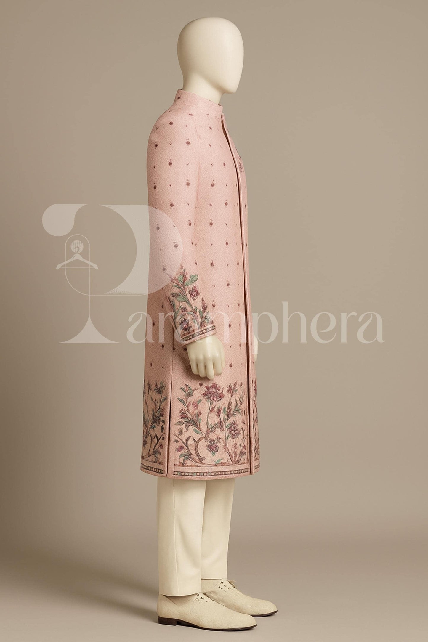 Pastel Pink Velvet Sherwani Set: Embroidered Indian Wedding Outfit