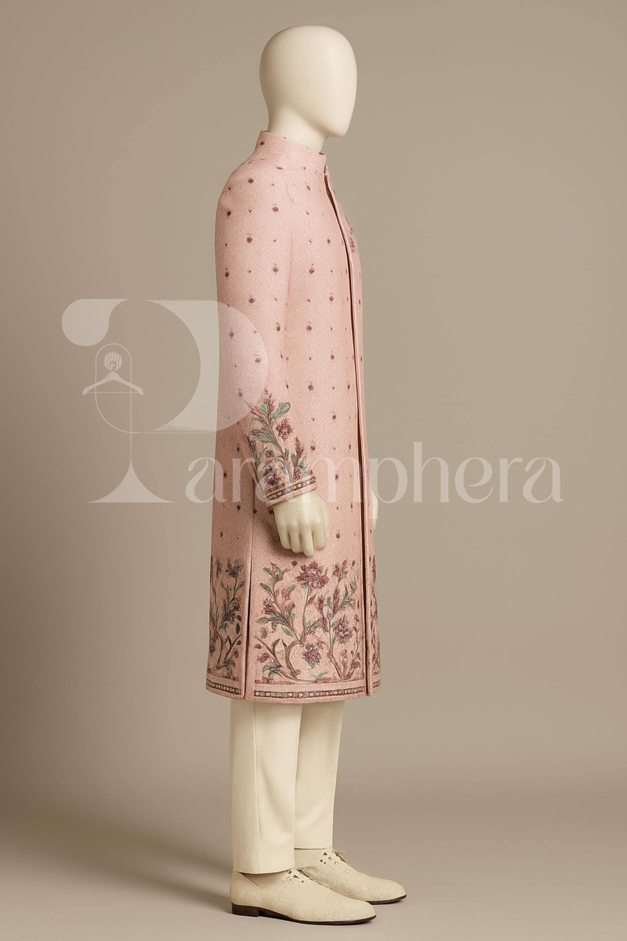 Men&#39;s Pink Embroidered Sherwani Set – Wedding Reception Wear | Handcrafted Velvet Ethnic Groom Outfit | Indian Festive Suit