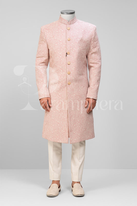 Pastel Pink Sherwani for Groom  Handmade Embroidered Indo-Western Wedding Outfit | Custom Fit, Made-to-Order