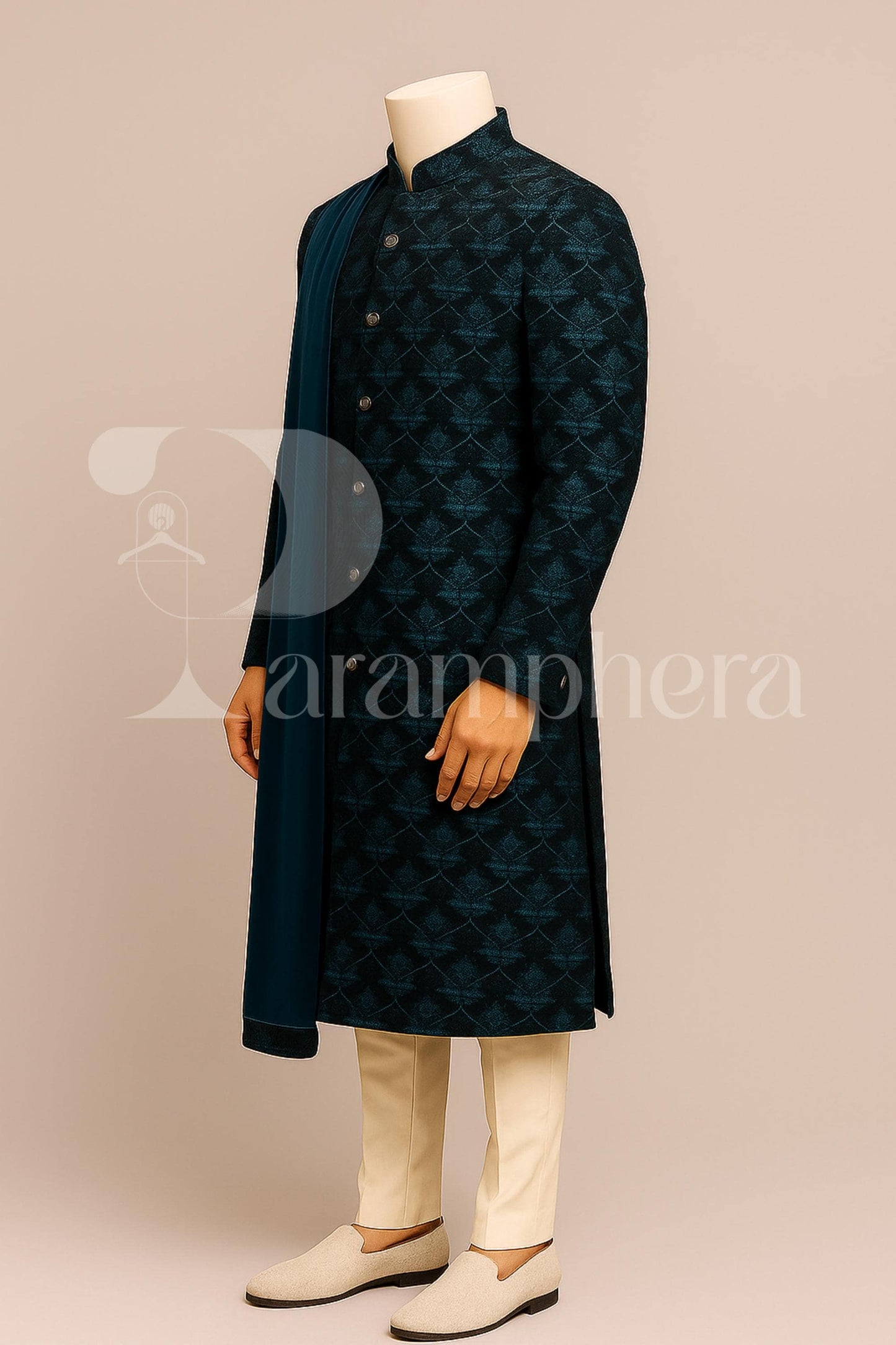 Rama Green Velvet Sherwani Set: Embroidered Indian Wedding Outfit
