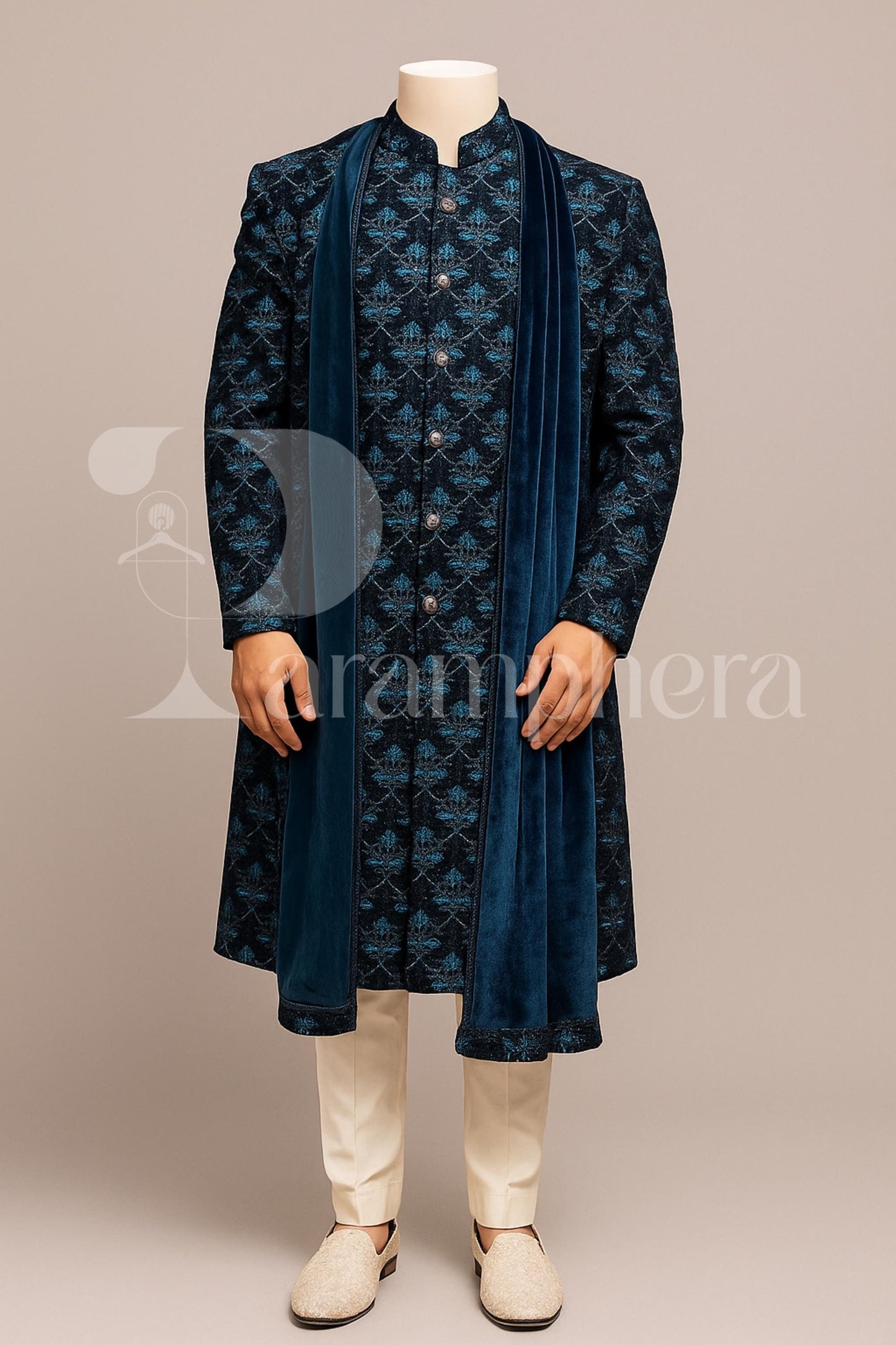 Rama Green Velvet Sherwani Set: Embroidered Indian Wedding Outfit