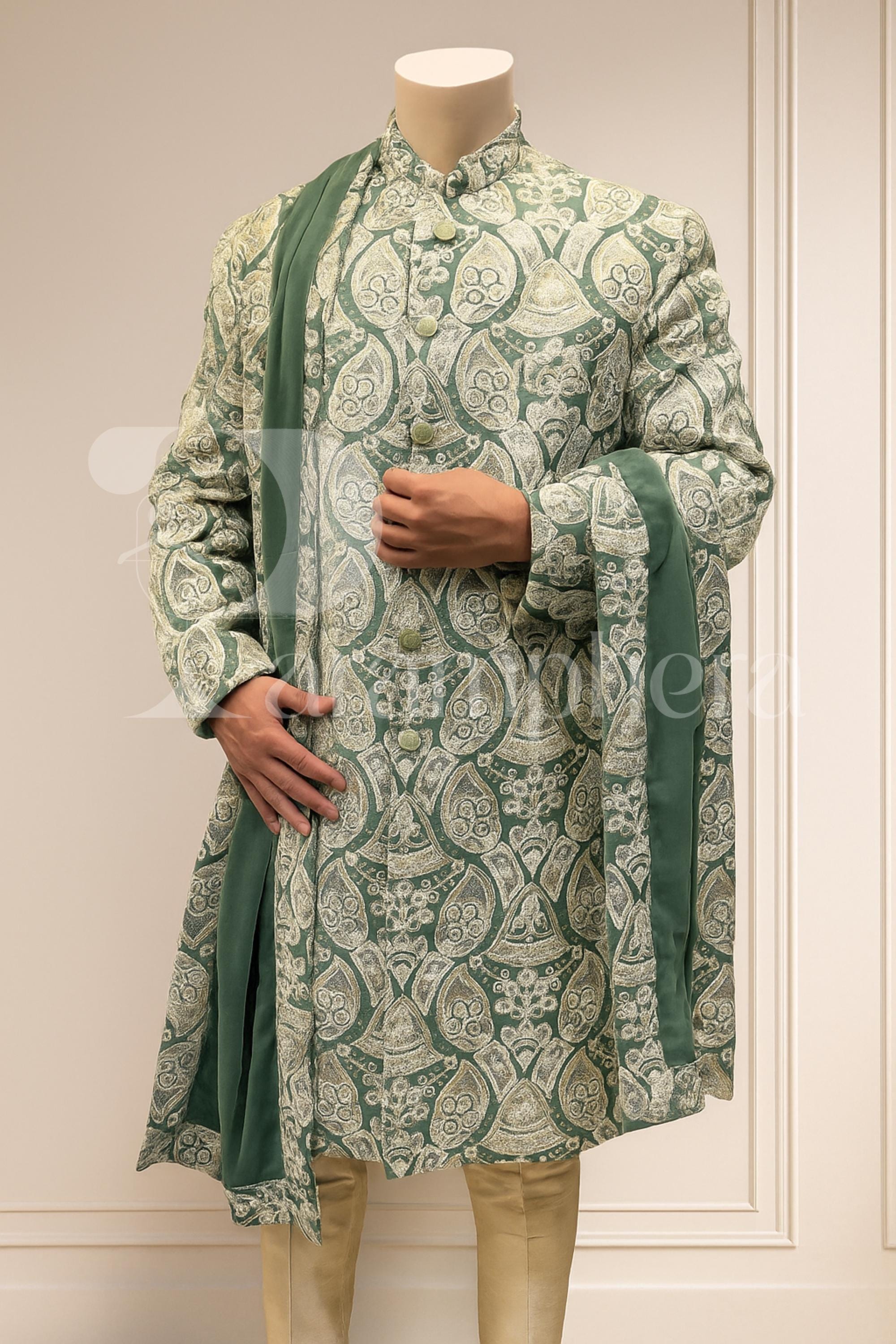 Green Embroidered Sherwani for Men | Indian Wedding Ethnic Outfit | Groom Wear with Dupatta | Festive Party Kurta Set