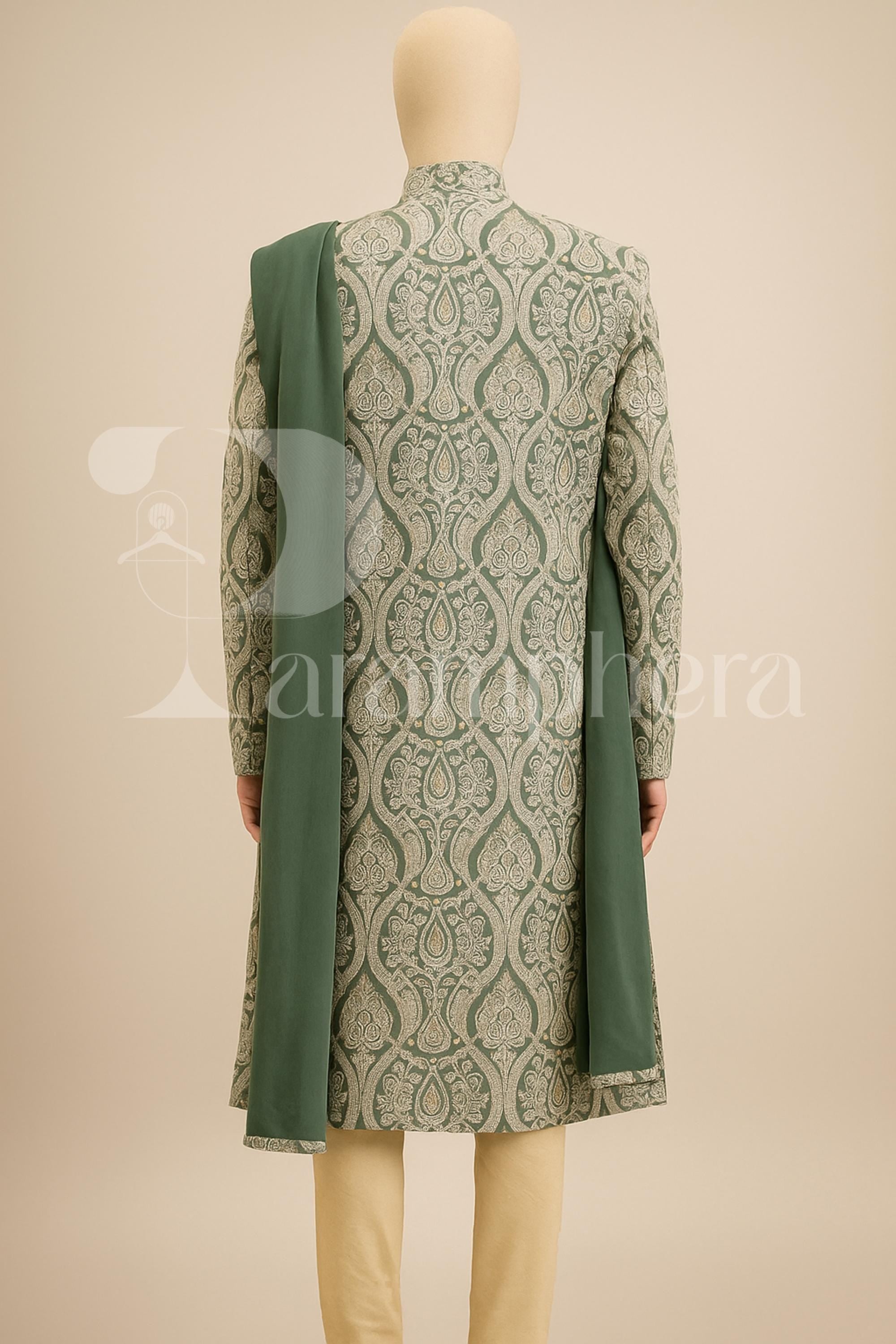 Green Embroidered Sherwani for Men | Indian Wedding Ethnic Outfit | Groom Wear with Dupatta | Festive Party Kurta Set