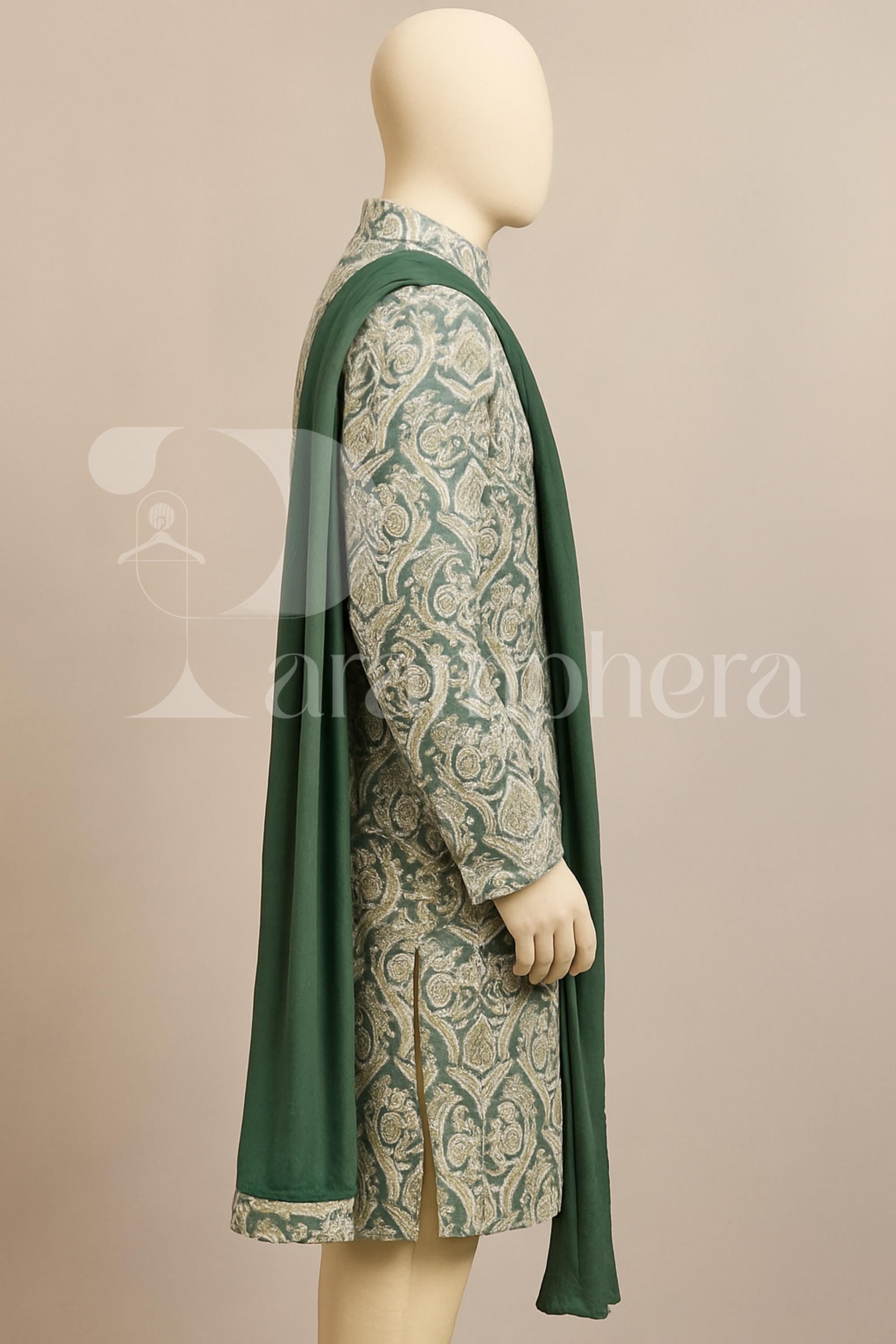 Green Embroidered Sherwani for Men | Indian Wedding Ethnic Outfit | Groom Wear with Dupatta | Festive Party Kurta Set