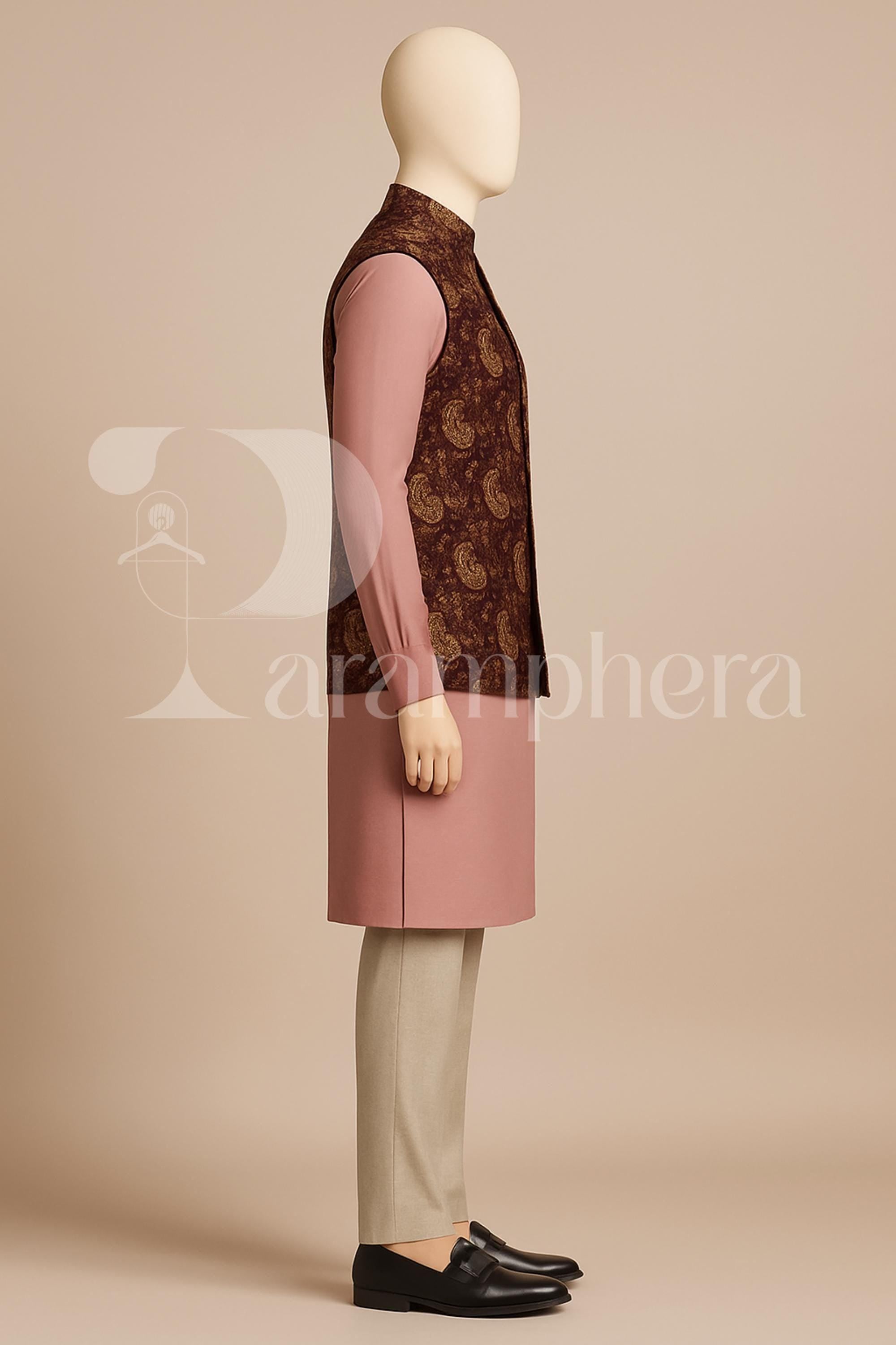 Men&#39;s Paisley Nehru Jacket Kurta Set | Indo Western Wedding Outfit | Ethnic Wear for Groom | Festive Kurta Pyjama with Waistcoat