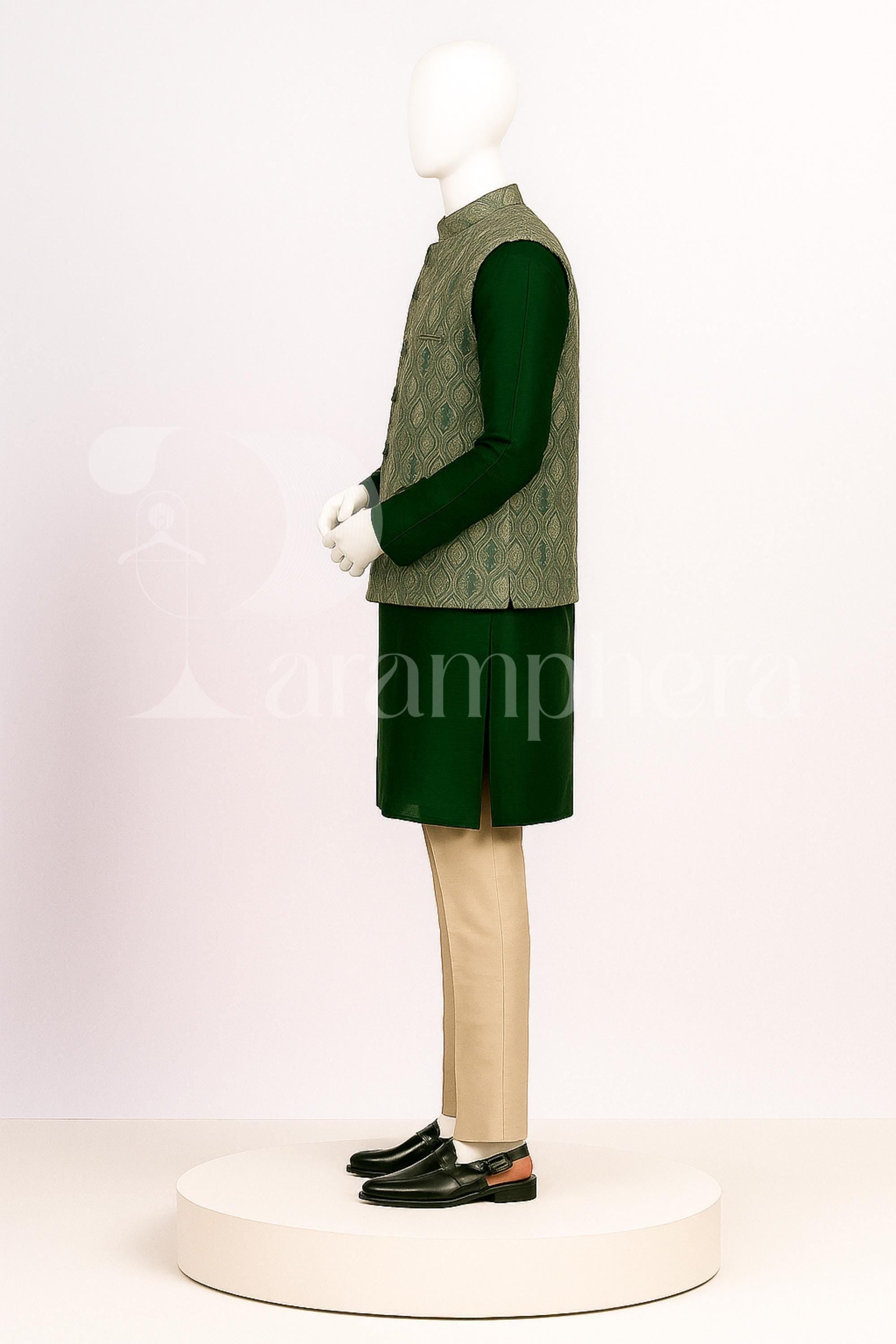 Green Kurta Pajama with Brocade Nehru Jacket for Men | Indian Wedding Outfit | Groom Dress | Festive Wear | Diwali Dress for Men