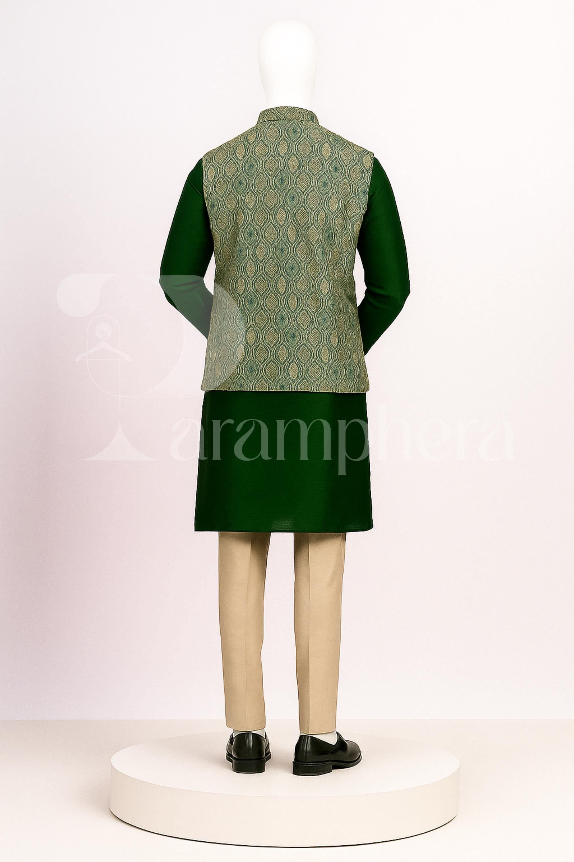 Green Kurta Pajama with Brocade Nehru Jacket for Men | Indian Wedding Outfit | Groom Dress | Festive Wear | Diwali Dress for Men
