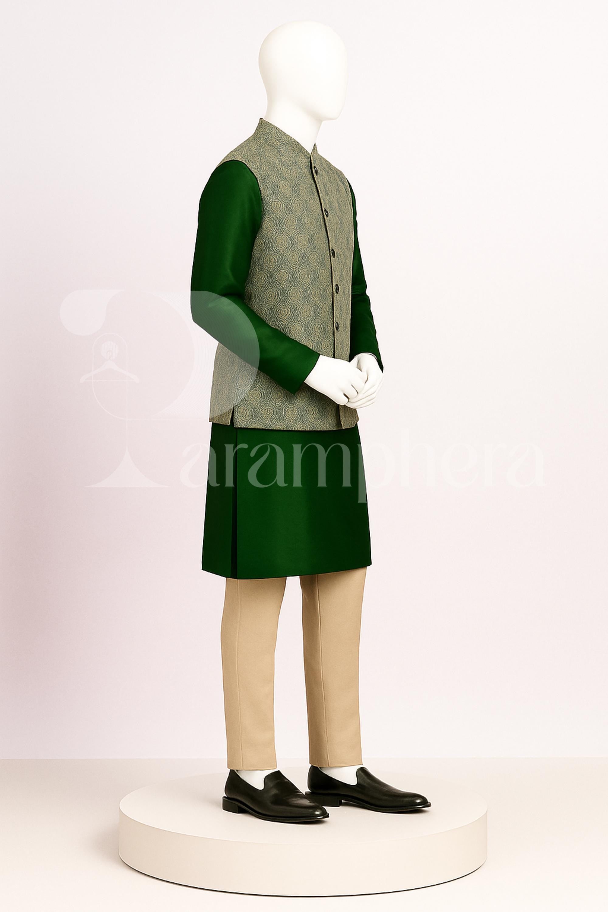 Green Kurta Pajama with Brocade Nehru Jacket for Men | Indian Wedding Outfit | Groom Dress | Festive Wear | Diwali Dress for Men
