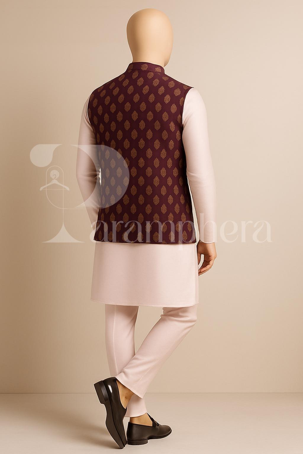 Mens Kurta Pajama Set: Maroon Nehru Jacket, Indian Wedding Outfit