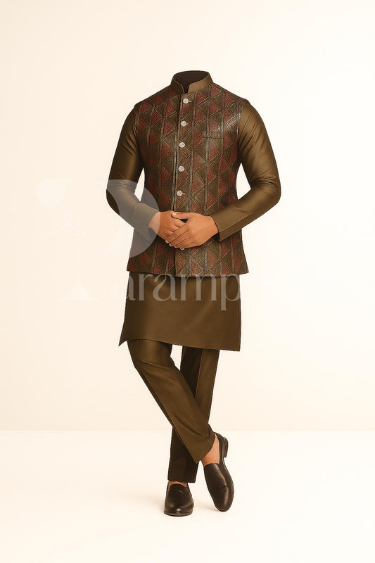 Embroidered Nehru Jacket Kurta Pajama Set: Olive Brown Silk-Blend Wedding Outfit