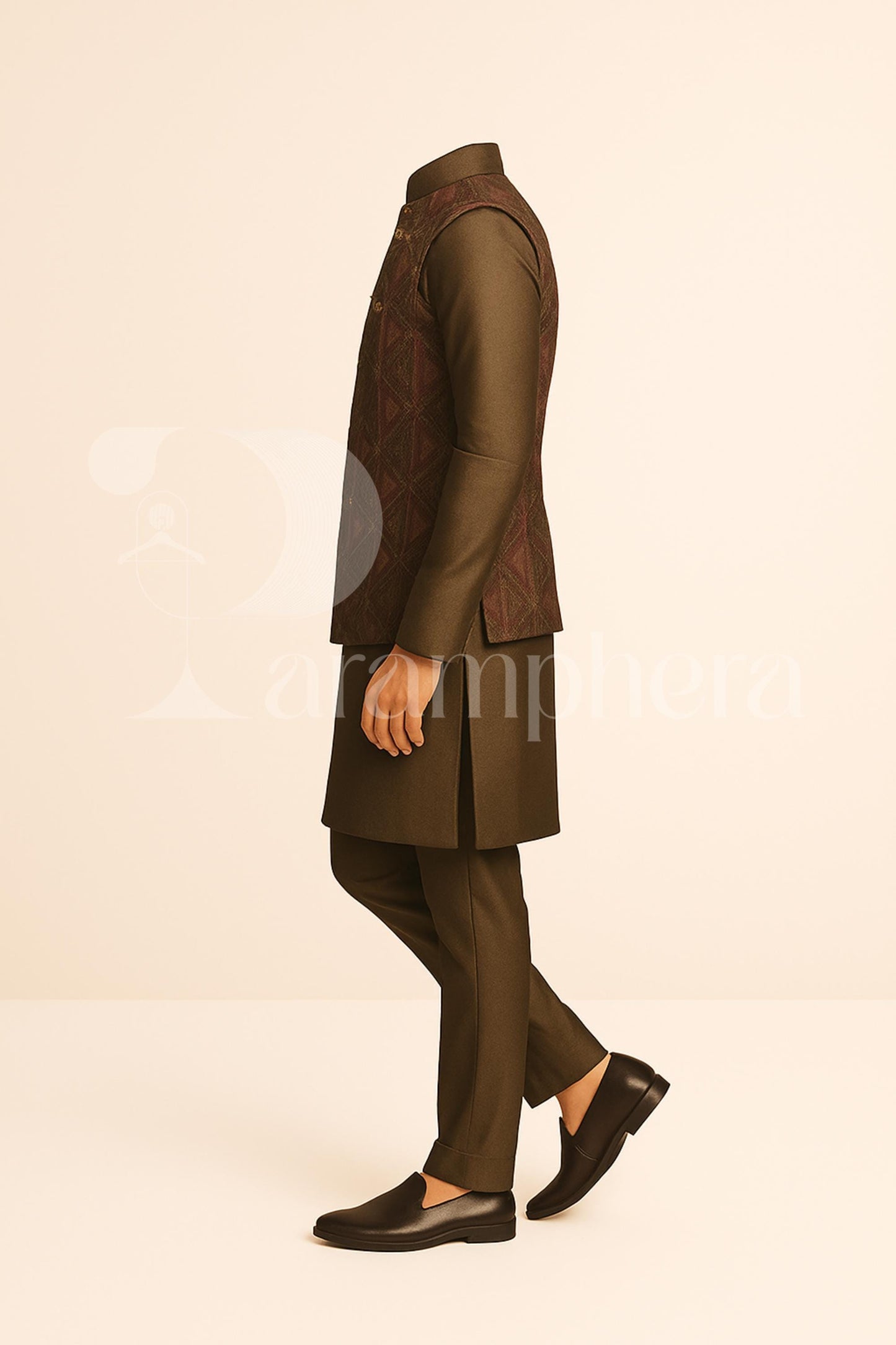 Embroidered Nehru Jacket Kurta Pajama Set: Olive Brown Silk-Blend Wedding Outfit
