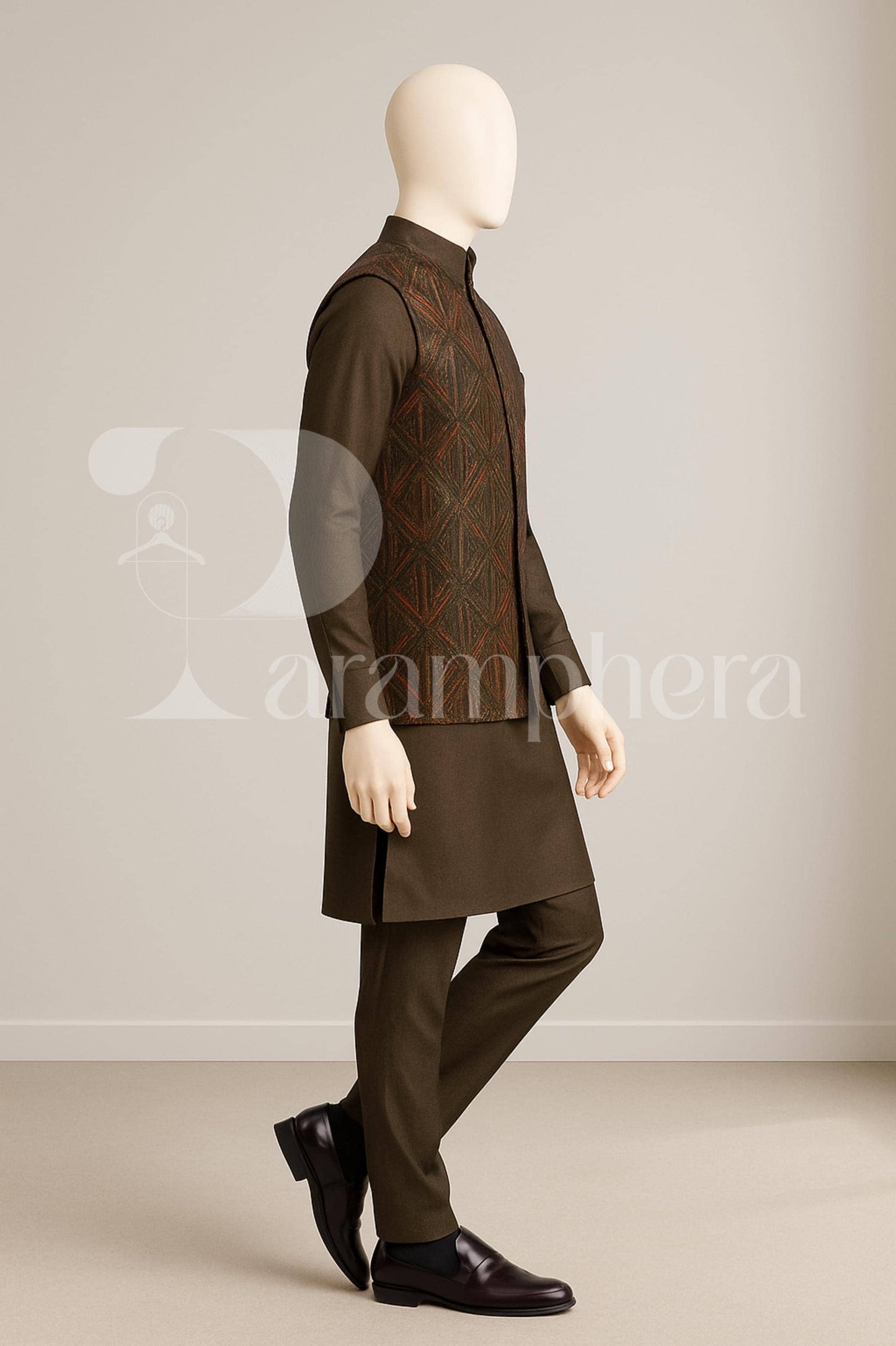Embroidered Nehru Jacket Kurta Pajama Set: Olive Brown Silk-Blend Wedding Outfit
