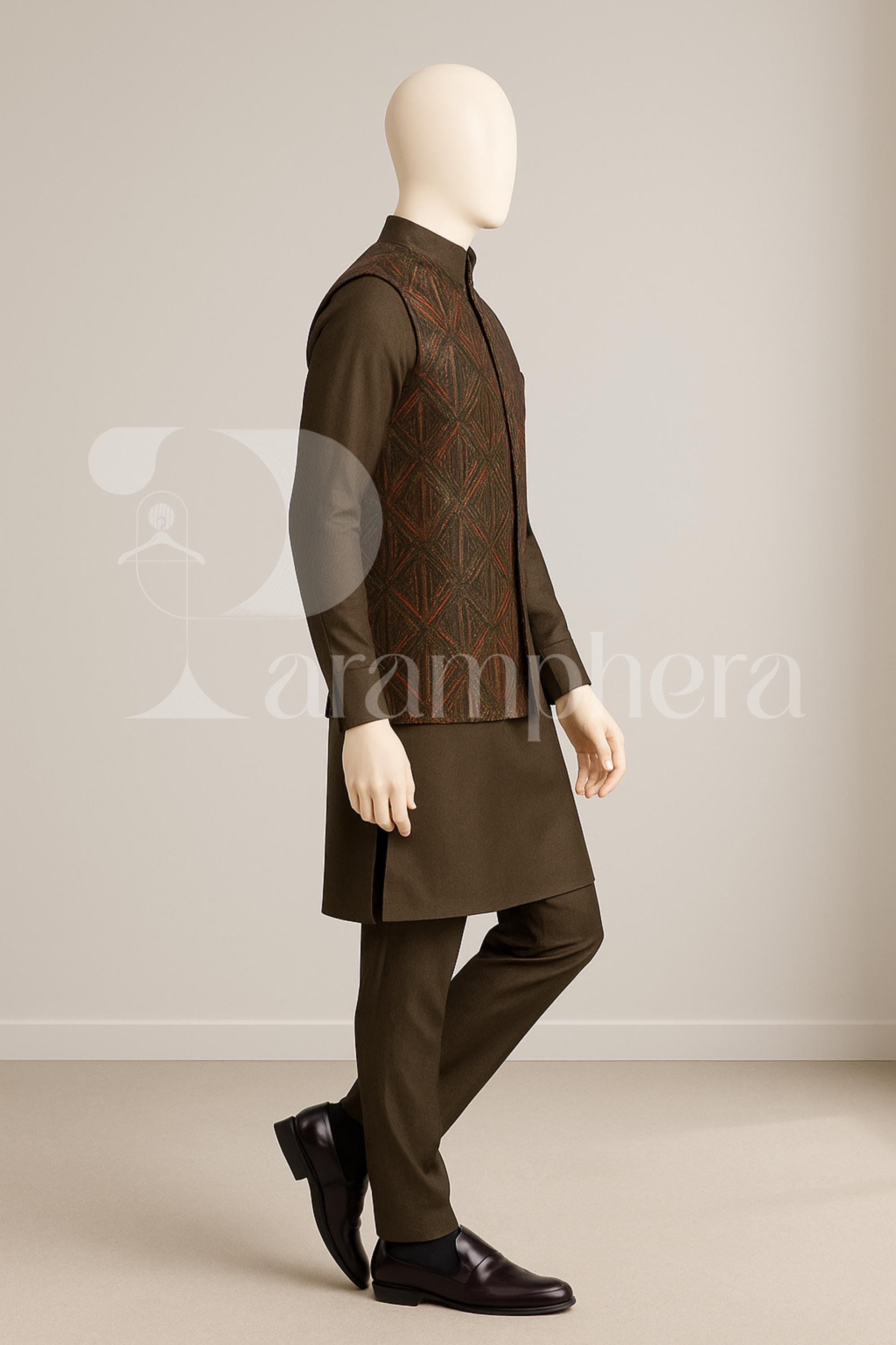 Men&#39;s Indian Kurta Set with Embroidered Nehru Jacket – Olive Brown Wedding Outfit – Ethnic Festive Wear – Drawstring Pajama