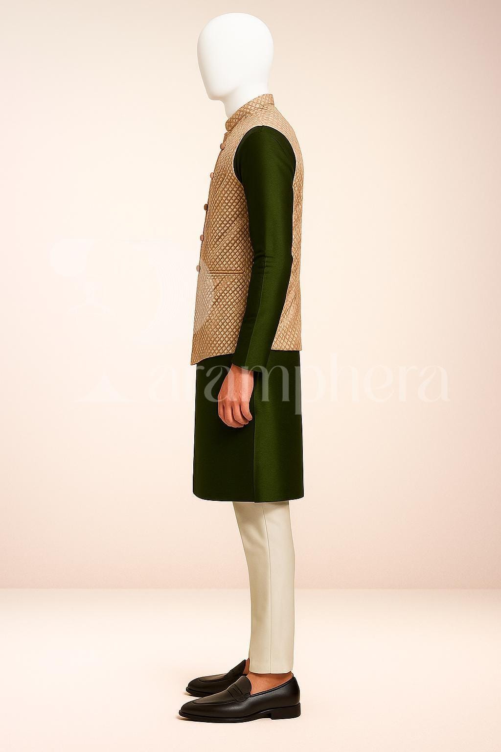 Men&#39;s Green Kurta Set with Beige Brocade Nehru Jacket | Indian Wedding Outfit | Ethnic Partywear | Groom Sherwani Set | Handmade Gift