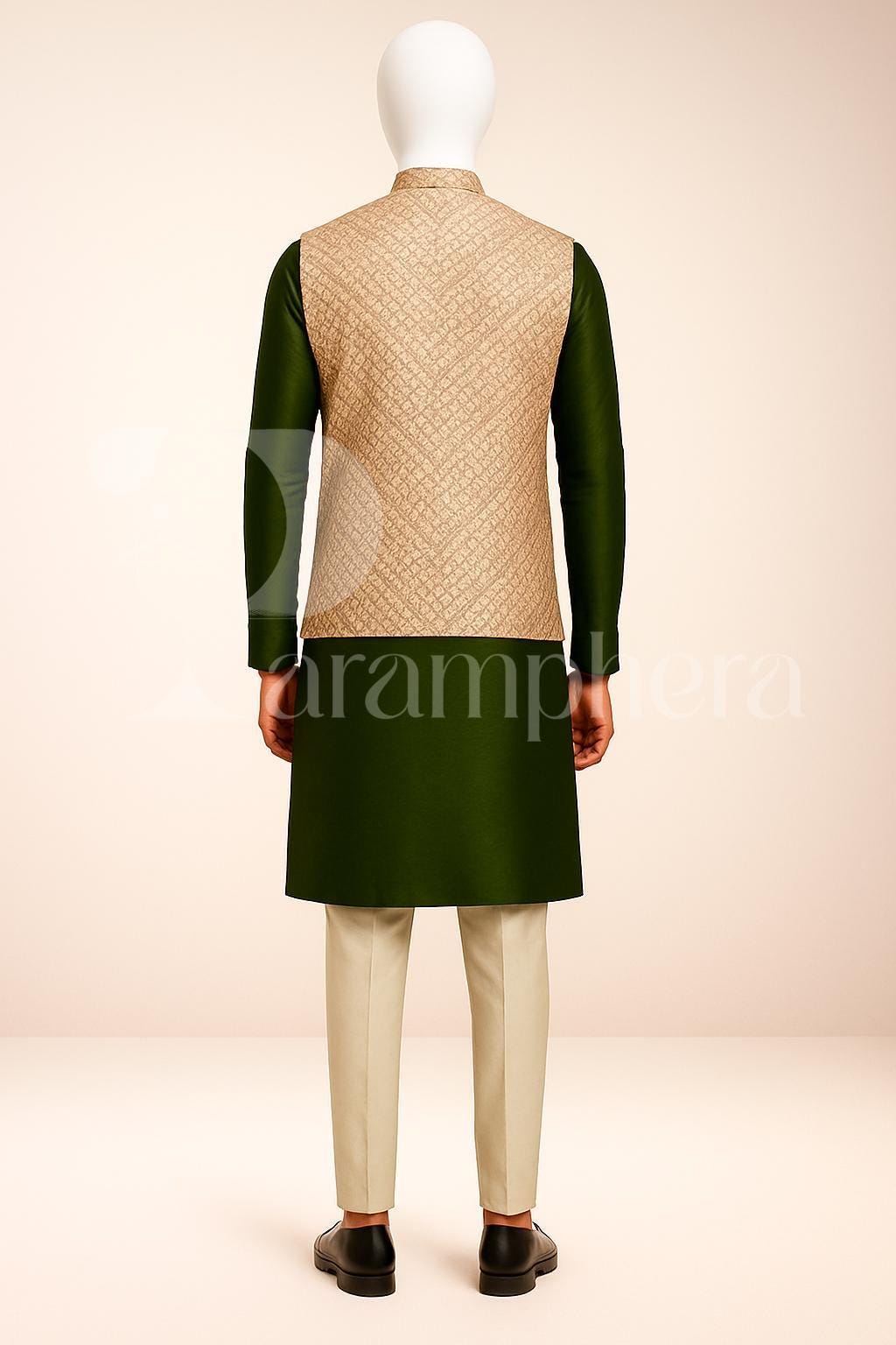 Men&#39;s Green Kurta Set with Beige Brocade Nehru Jacket | Indian Wedding Outfit | Ethnic Partywear | Groom Sherwani Set | Handmade Gift