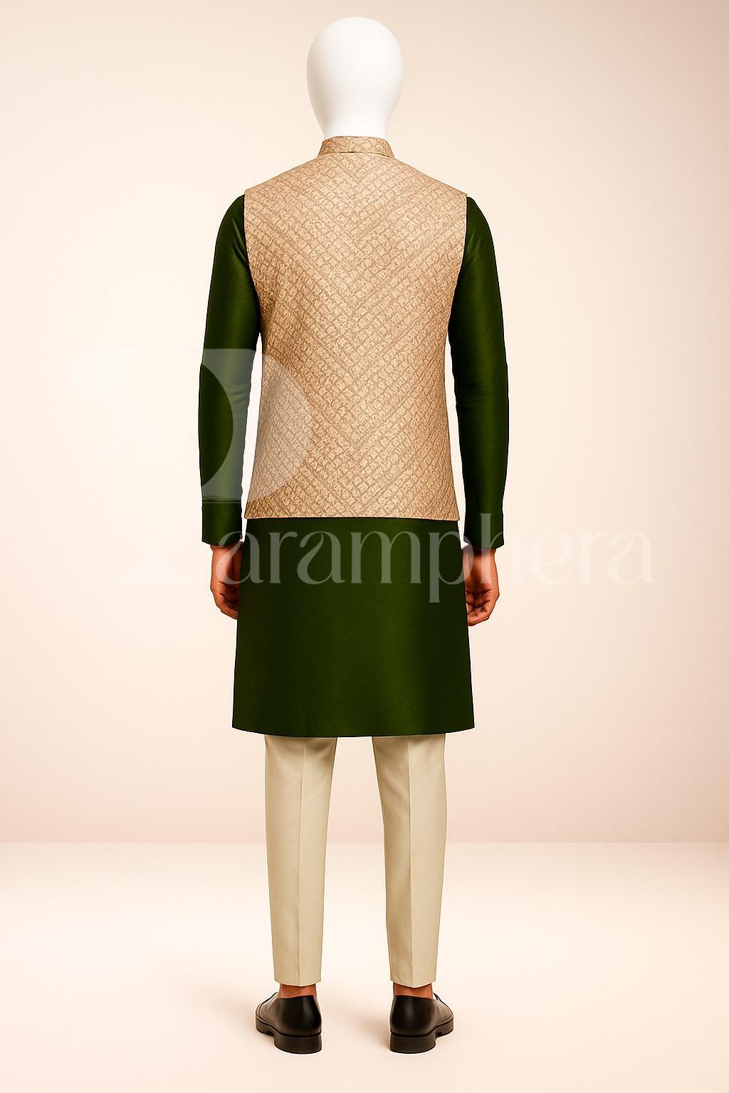 Emerald Green Kurta Pajama with Brocade Nehru Jacket: Men's Ethnic Wedding Outfit