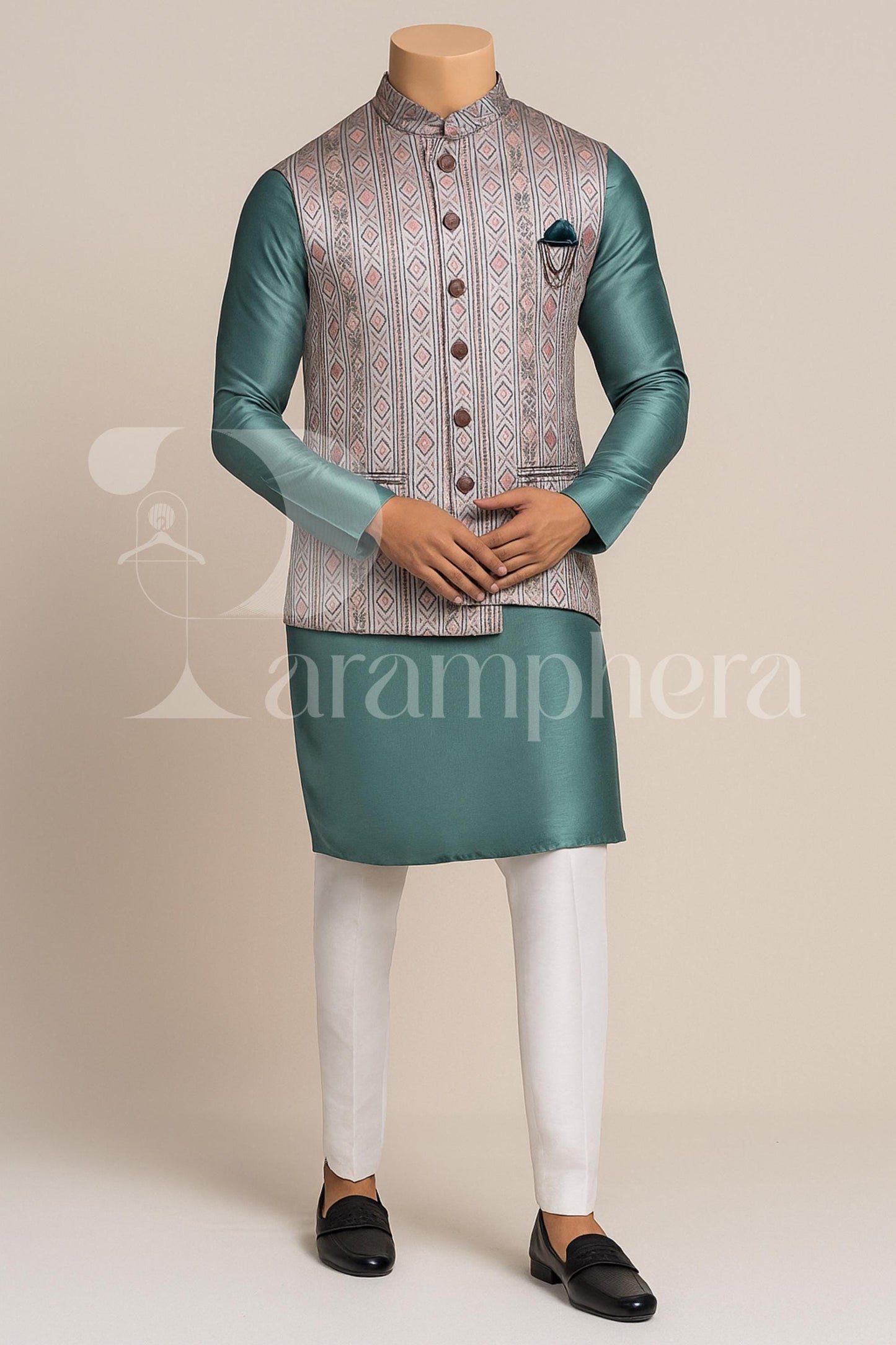 Mint Green Silk Kurta Pajama Set with Brocade Nehru Jacket: Indian Wedding Outfit