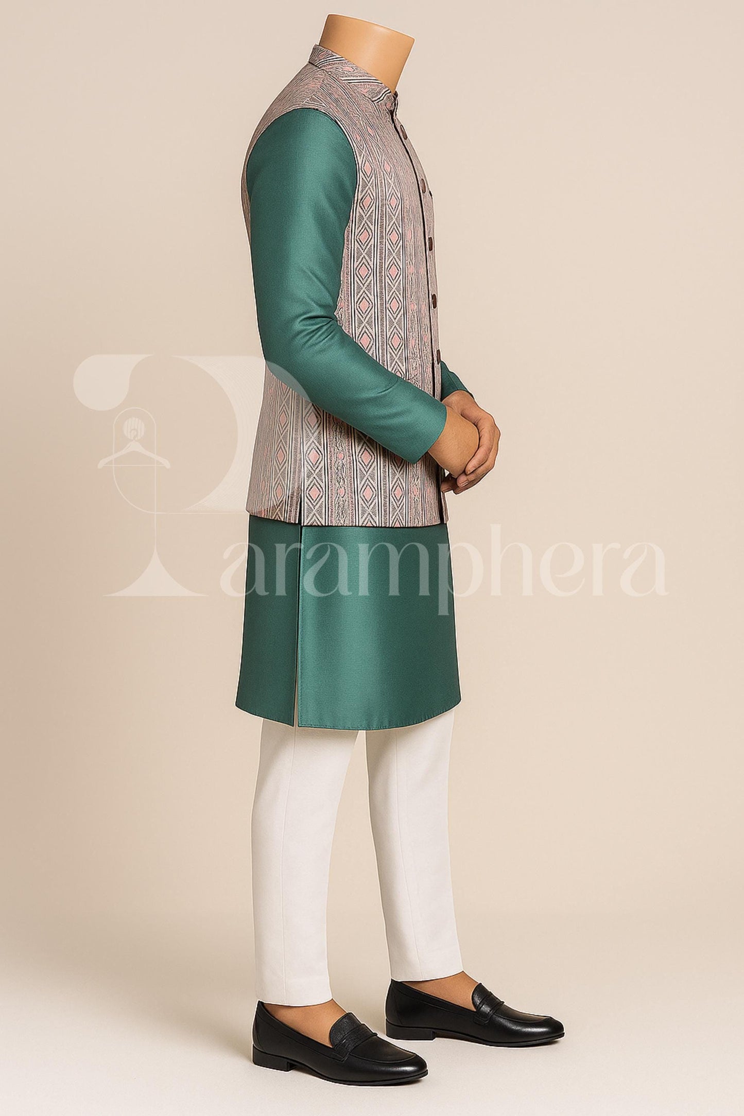 Mint Green Silk Kurta Pajama Set with Brocade Nehru Jacket: Indian Wedding Outfit
