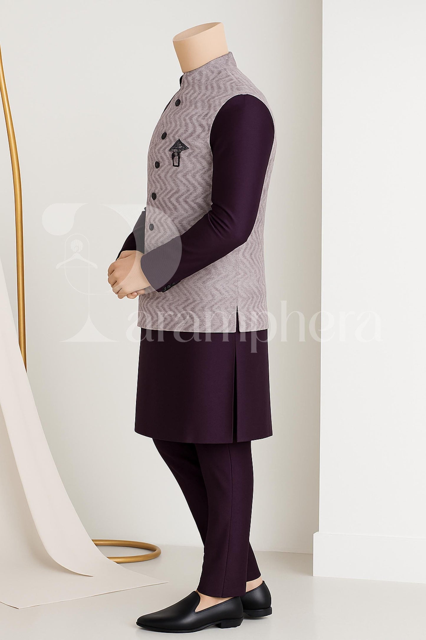 Purple Silk Blend Kurta Pajama Set with Nehru Jacket - Indian Wedding Outfit