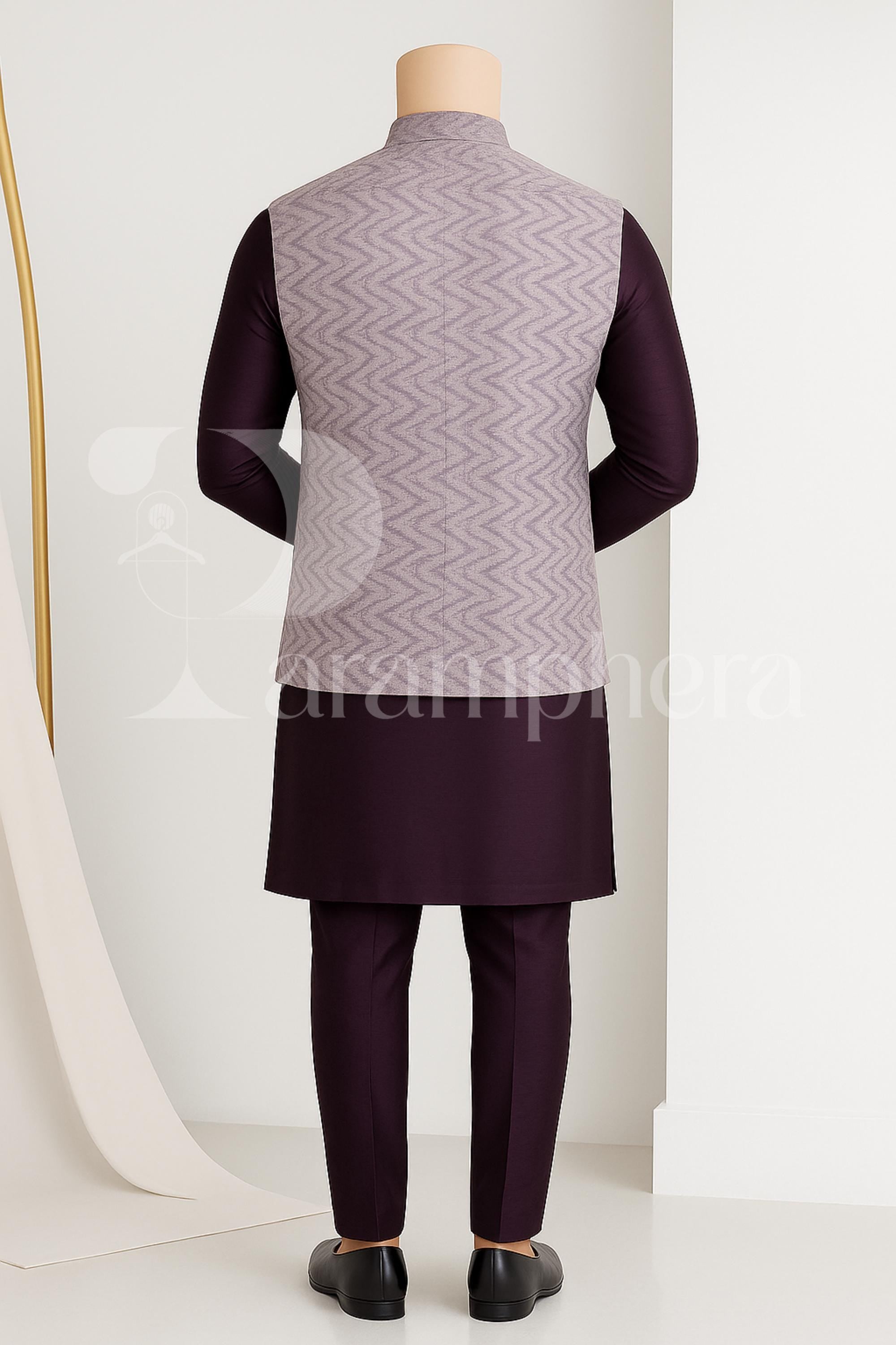 Purple Kurta Pajama Set with Printed Nehru Jacket – Indian Ethnic Outfit for Men | Wedding & Festive Wear