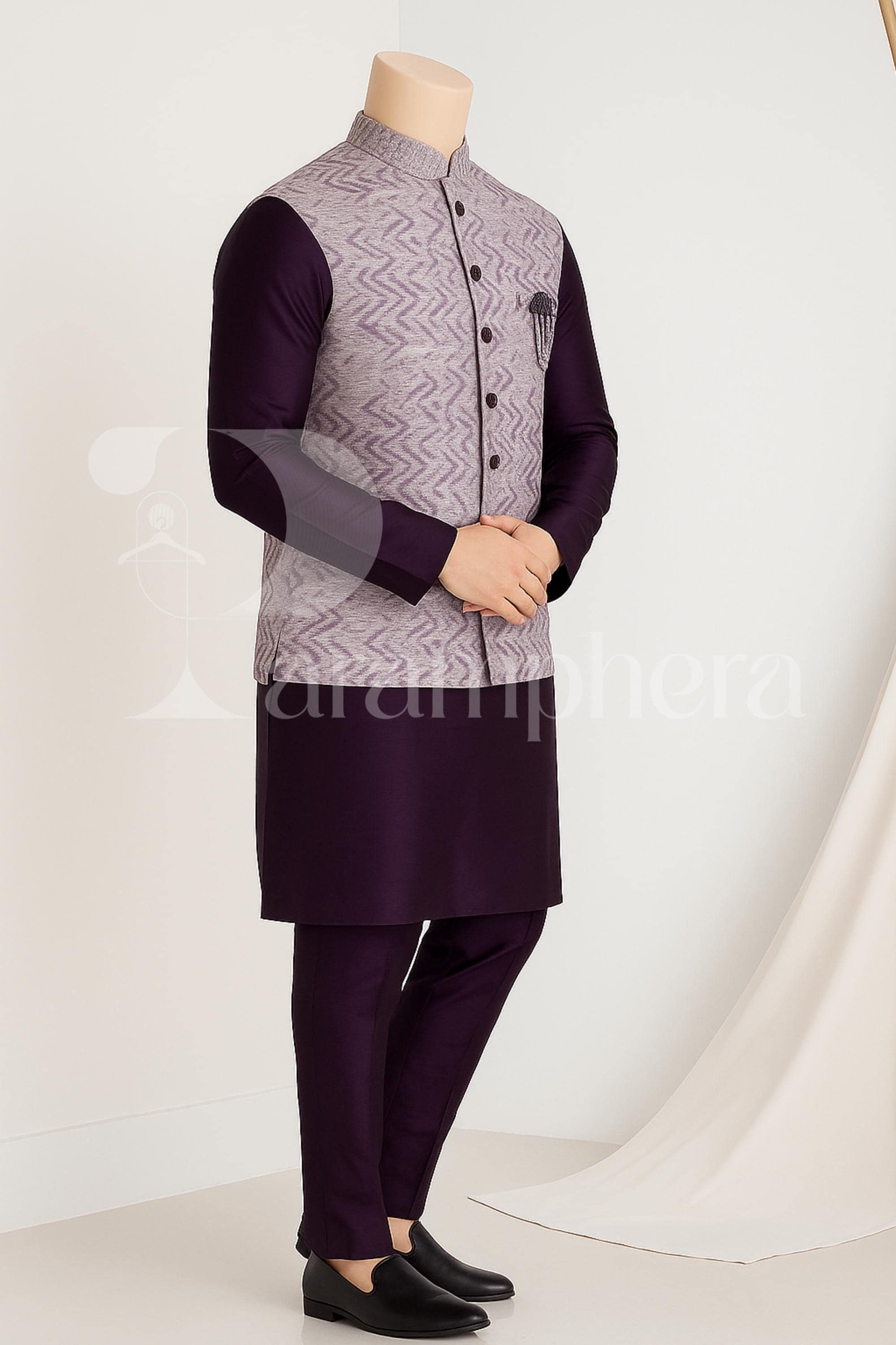 Purple Kurta Pajama Set with Printed Nehru Jacket – Indian Ethnic Outfit for Men | Wedding & Festive Wear