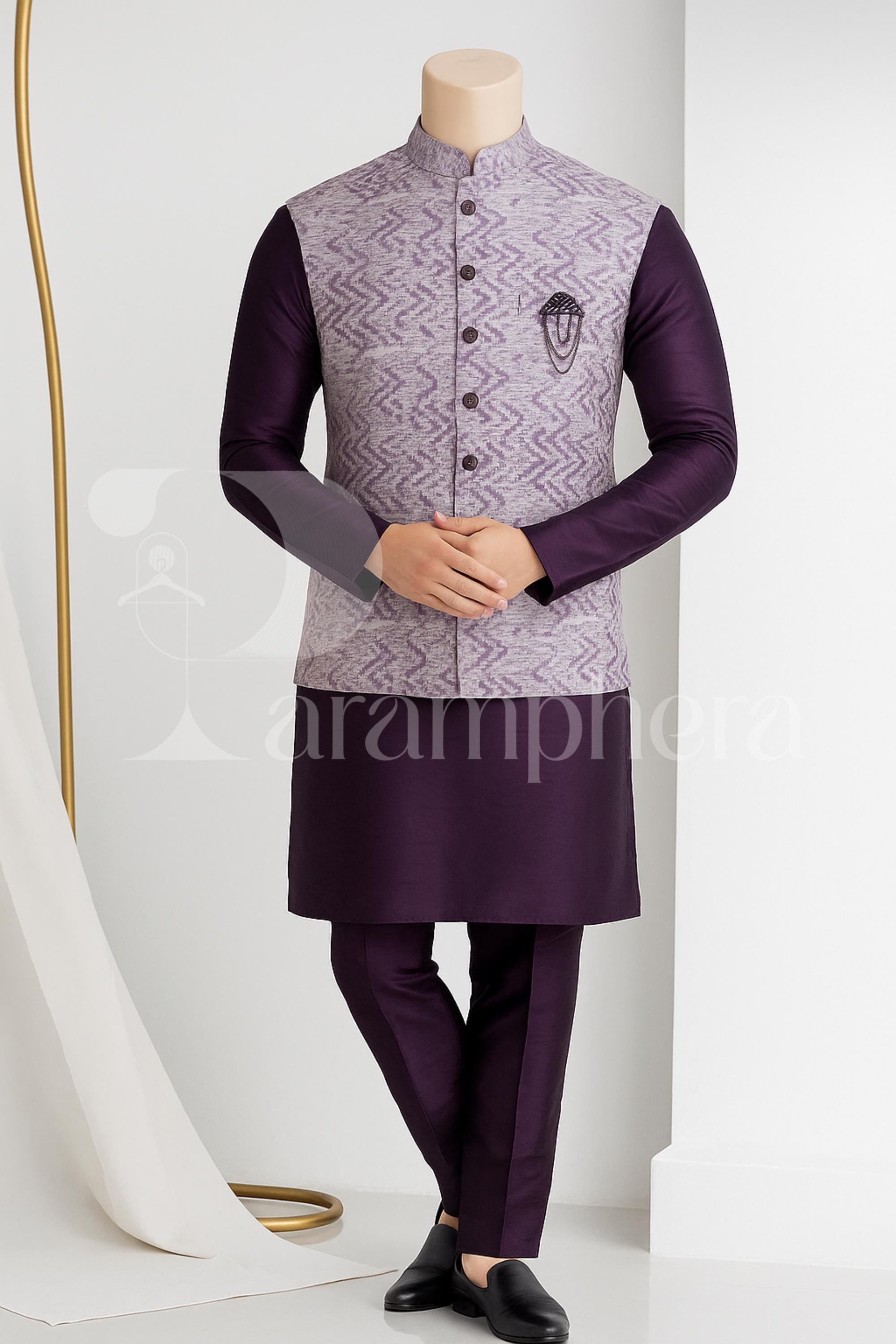 Purple Kurta Pajama Set with Printed Nehru Jacket – Indian Ethnic Outfit for Men | Wedding & Festive Wear