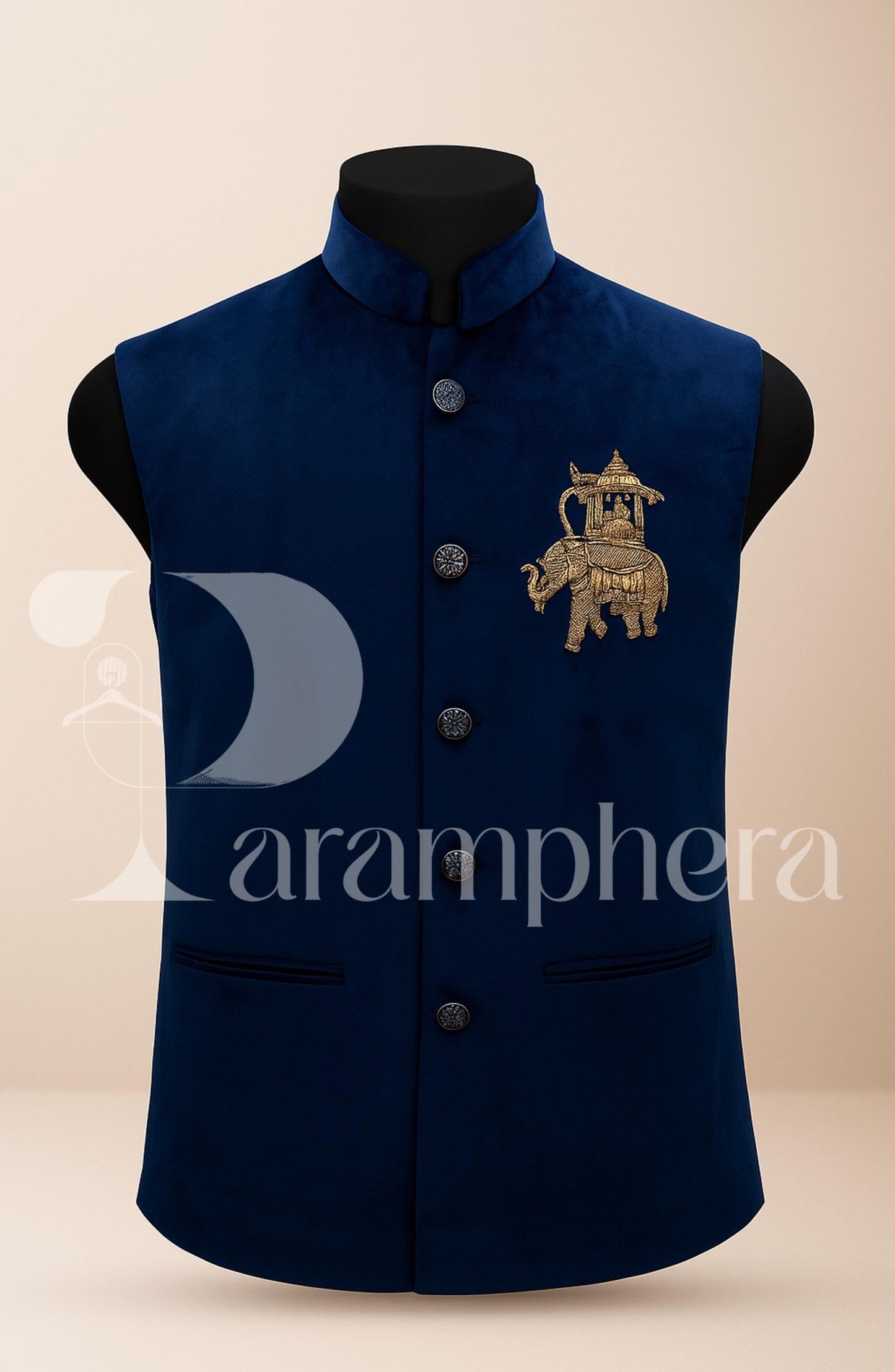 Royal Blue Velvet Nehru Jacket: Elephant Embroidery, Wedding Modi Vest