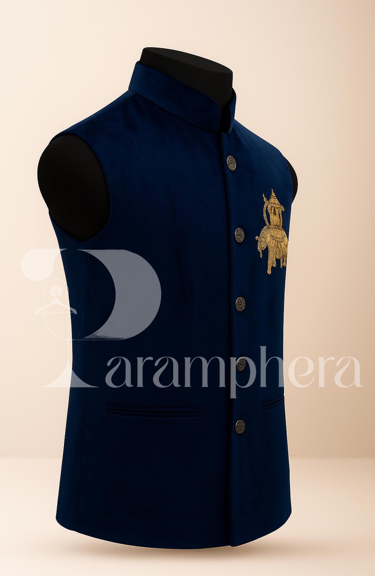 Royal Blue Velvet Nehru Jacket: Elephant Embroidery, Wedding Modi Vest