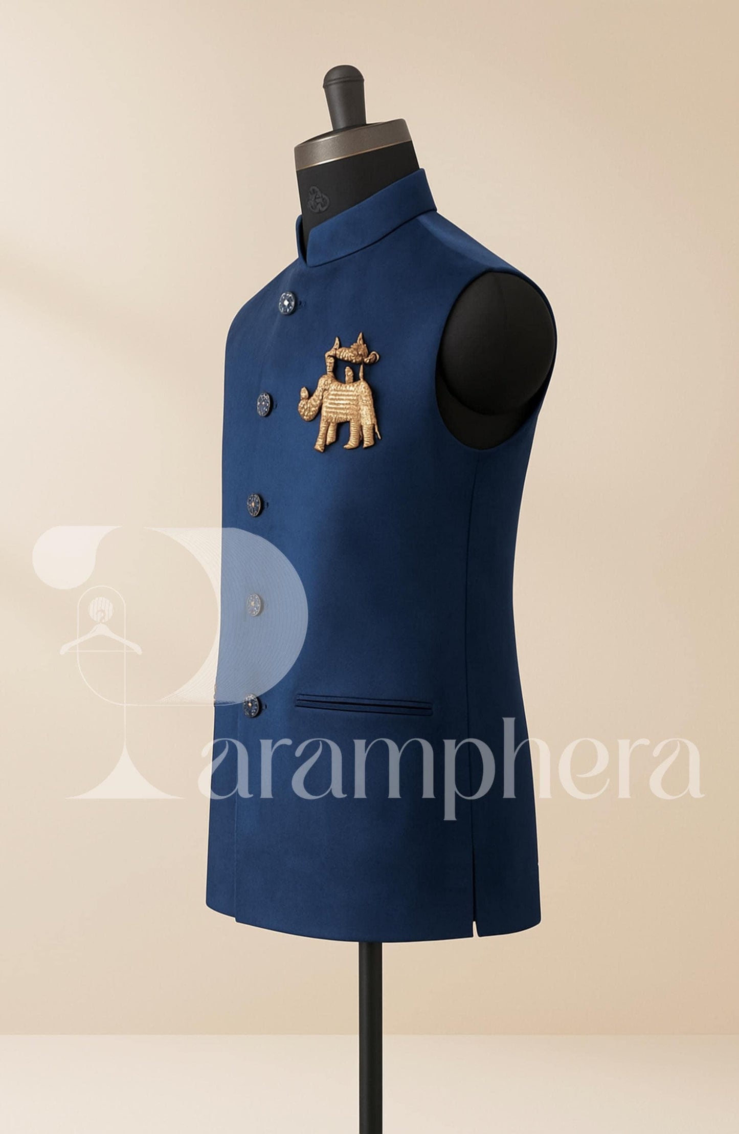 Royal Blue Velvet Nehru Jacket: Elephant Embroidery, Wedding Modi Vest