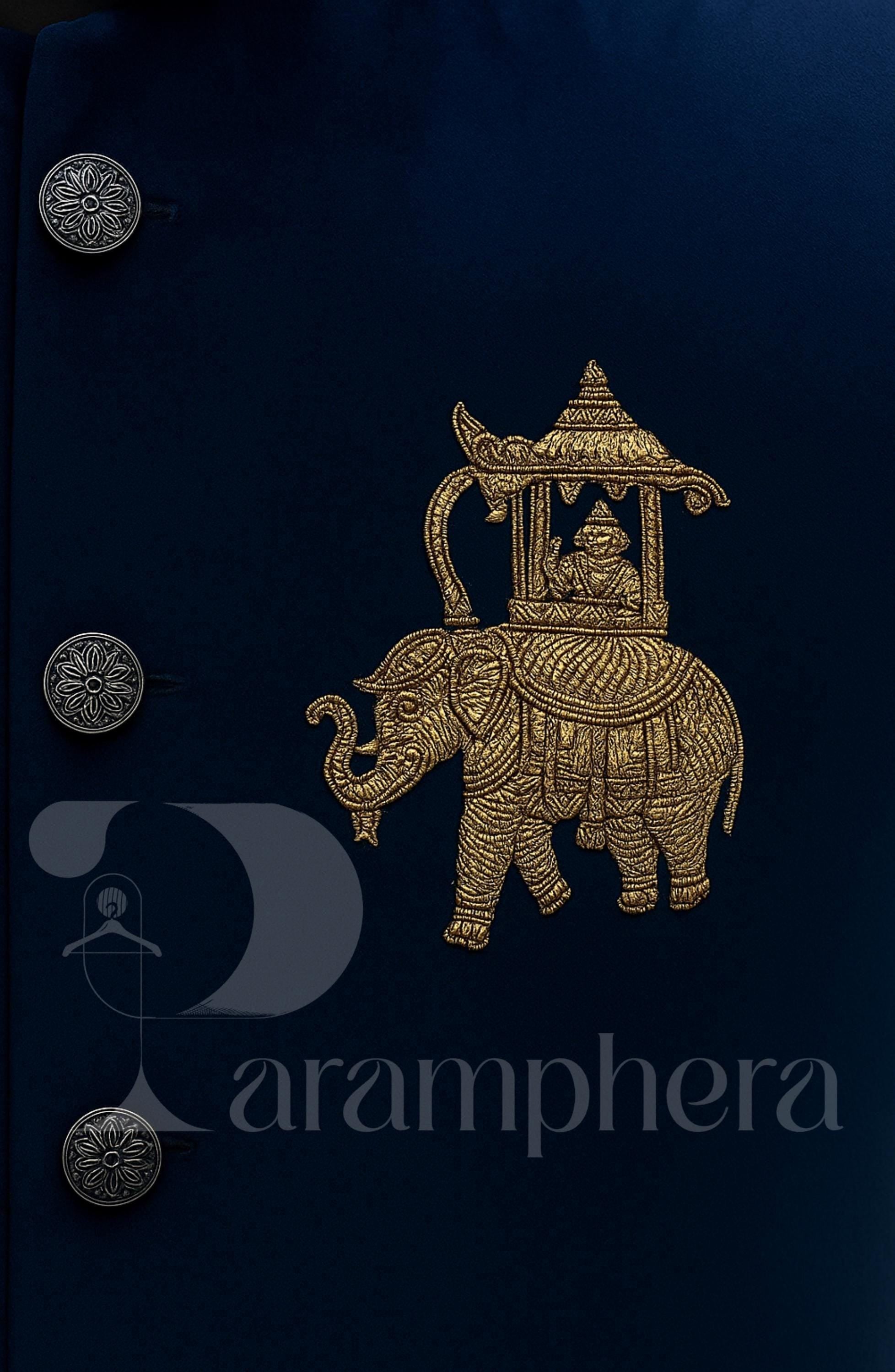 Royal Blue Velvet Nehru Jacket | Indian Modi Vest with Zardozi Elephant Embroidery | Men’s Wedding & Festive Ethnic Wear