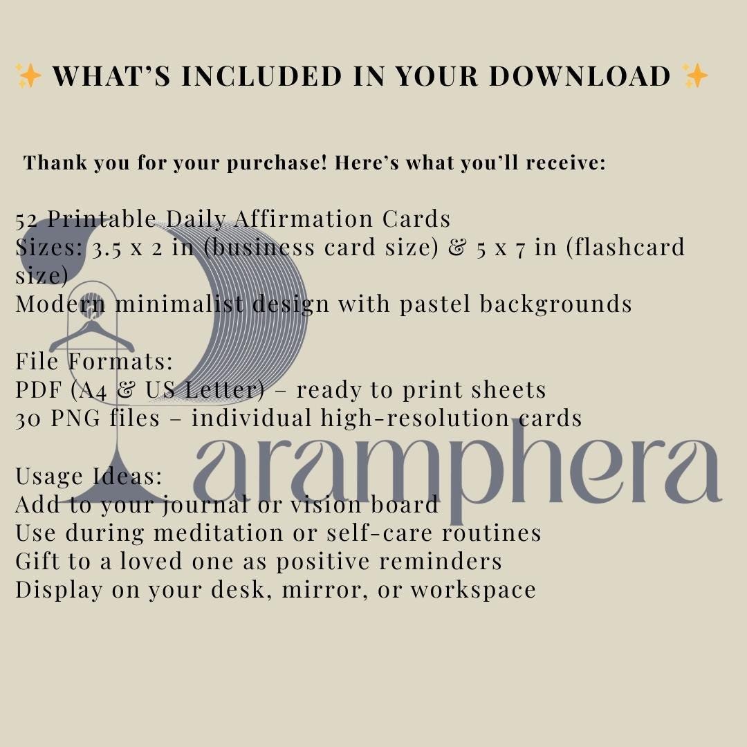 Printable Affirmation Cards | 52 Minimalist Self Care Quote Cards | Motivational Cards | Digital Download.