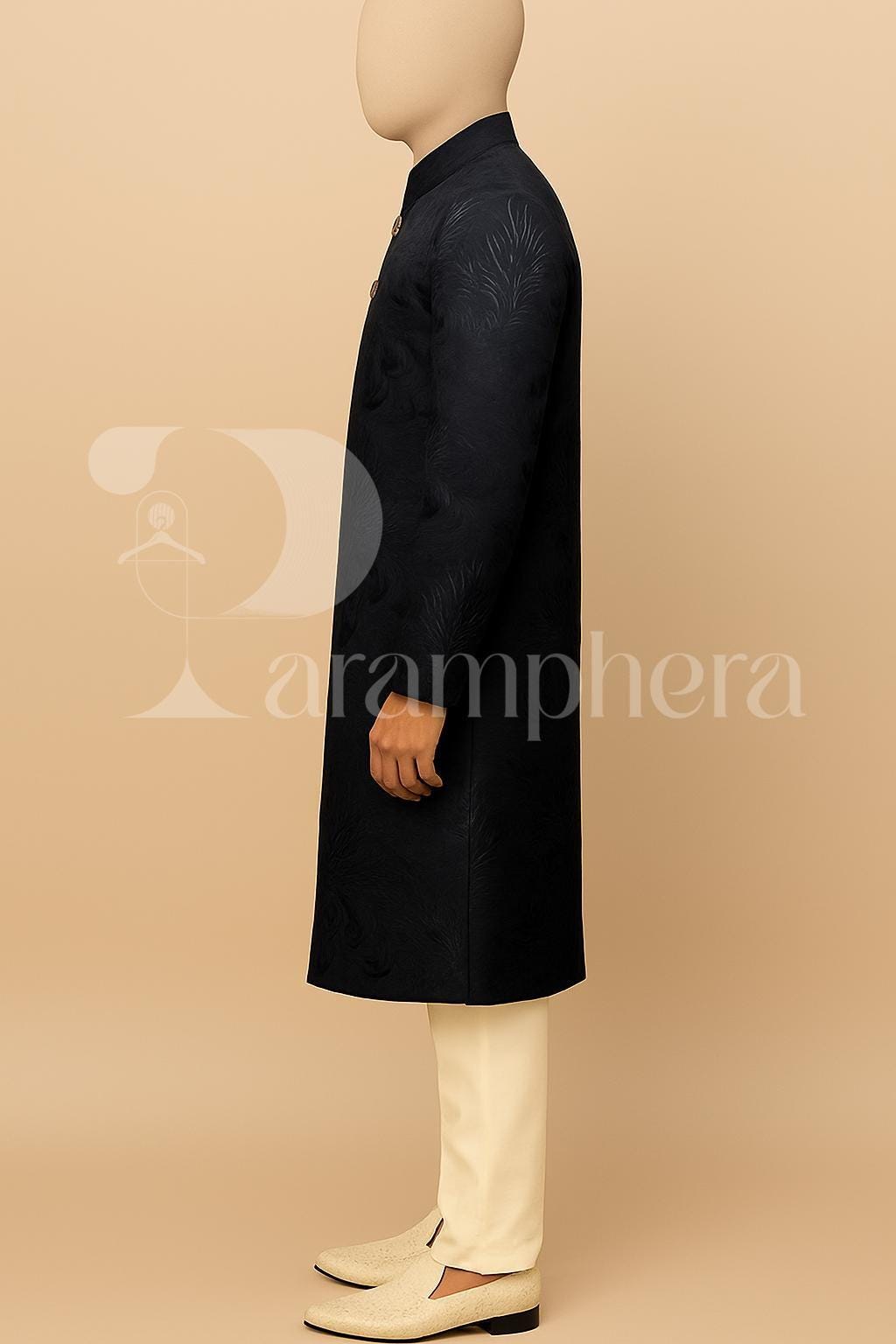 Mens Dark Blue Jacquard Sherwani: Luxury Indo Western Wedding Outfit