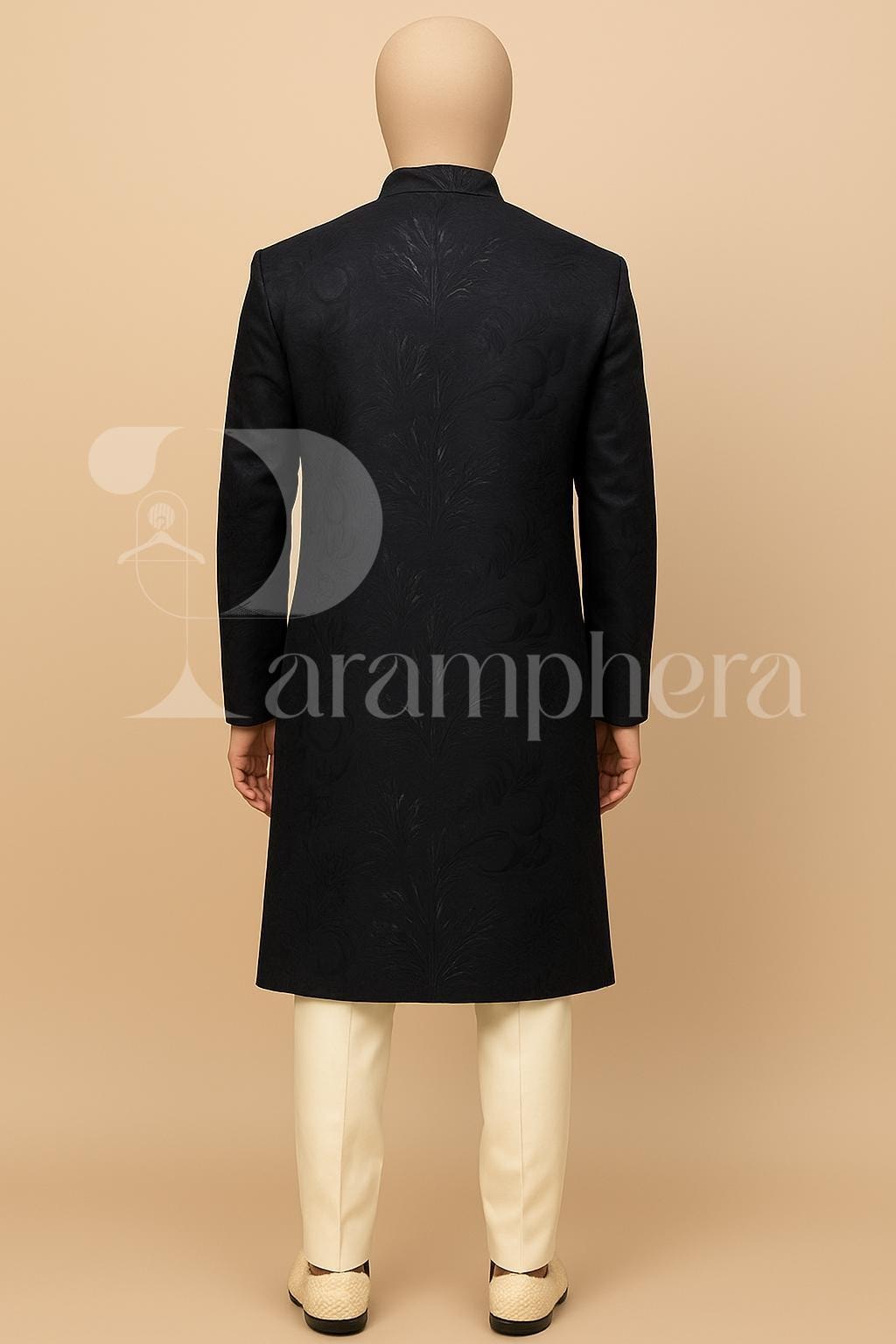 Men’s Dark Blue Indo Western Sherwani | Floral Jacquard Ethnic Long Coat | Indian Wedding Groom Outfit for Reception, Sangeet