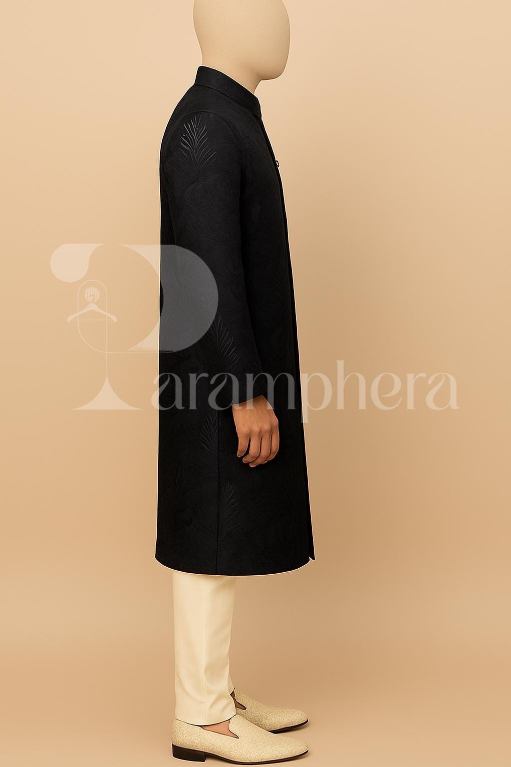 Mens Dark Blue Jacquard Sherwani: Luxury Indo Western Wedding Outfit