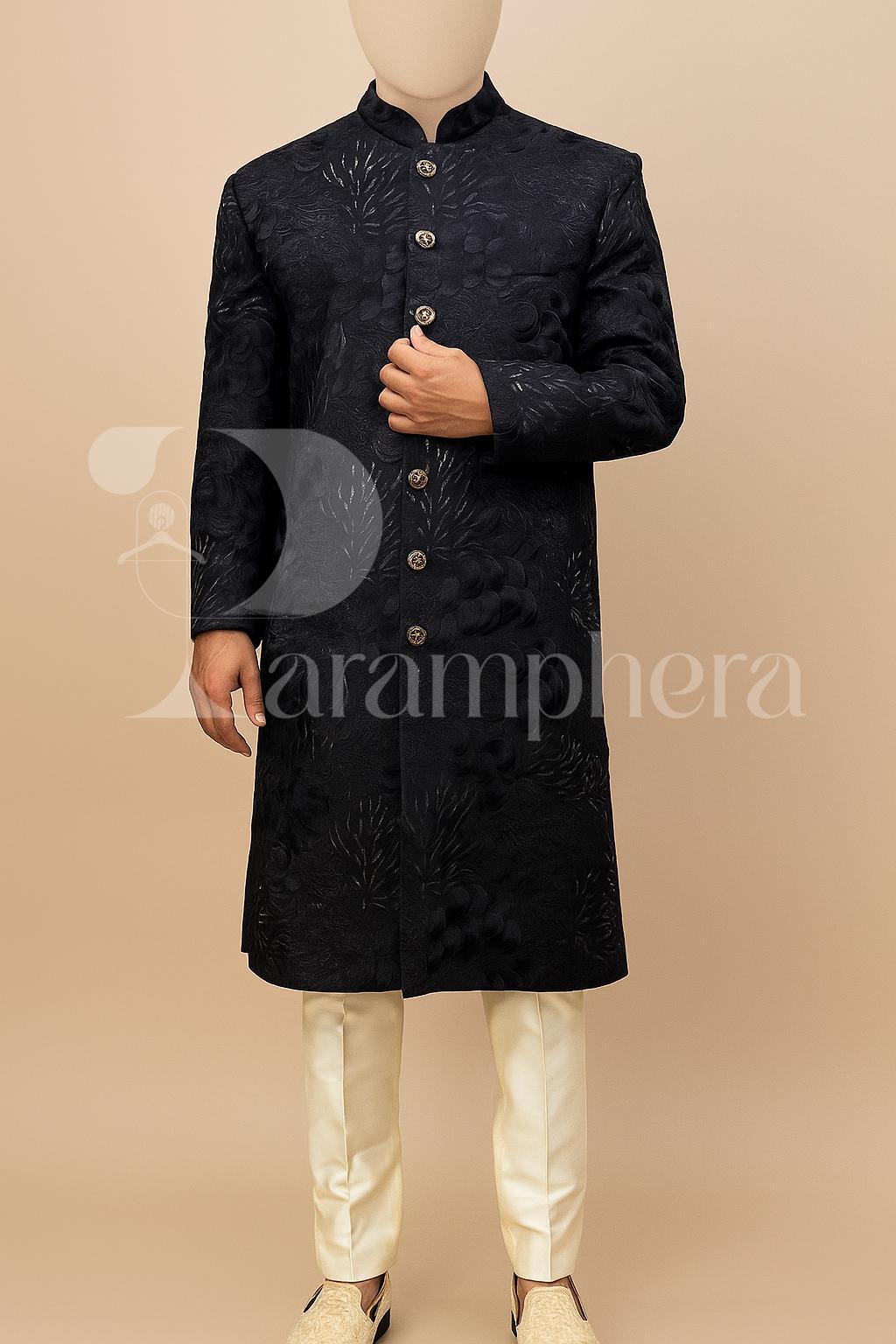 Mens Dark Blue Jacquard Sherwani: Luxury Indo Western Wedding Outfit