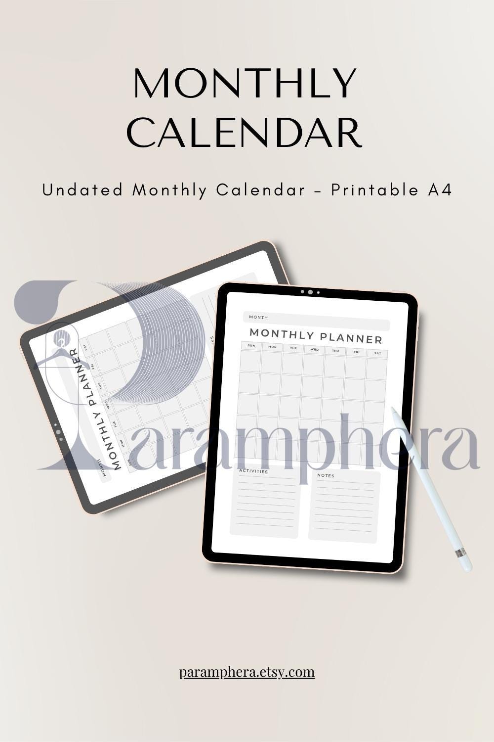 Undated Monthly Calendar Printable – A4 PDF | Minimalist Monthly Planner, Reusable Wall Calendar, Digital Download.