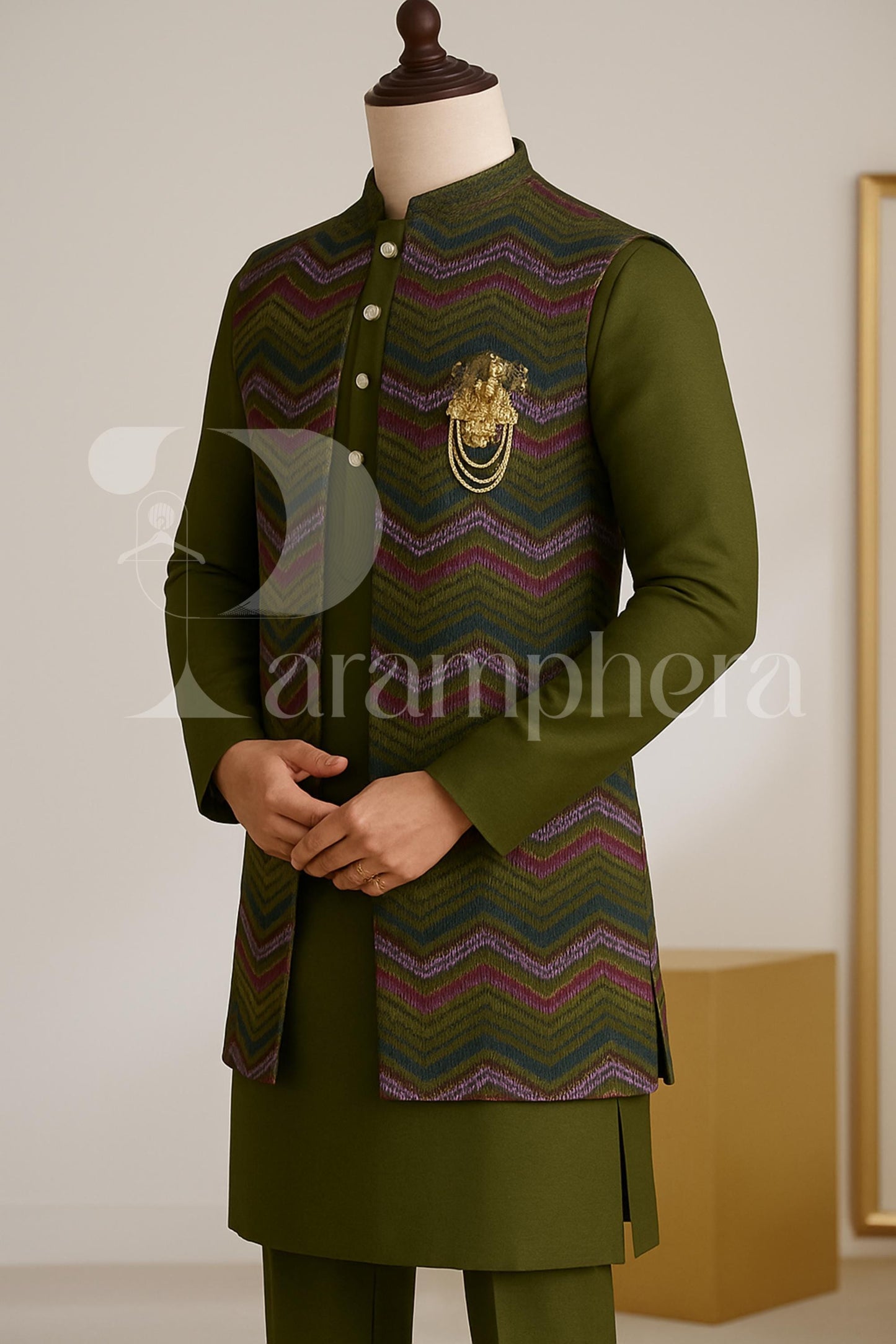 Embroidered Art Silk Nehru Jacket Kurta Pajama Set - Indian Wedding Outfit