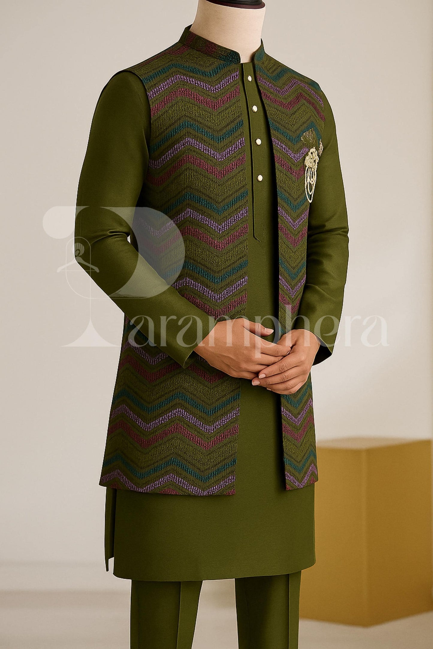 Embroidered Art Silk Nehru Jacket Kurta Pajama Set - Indian Wedding Outfit