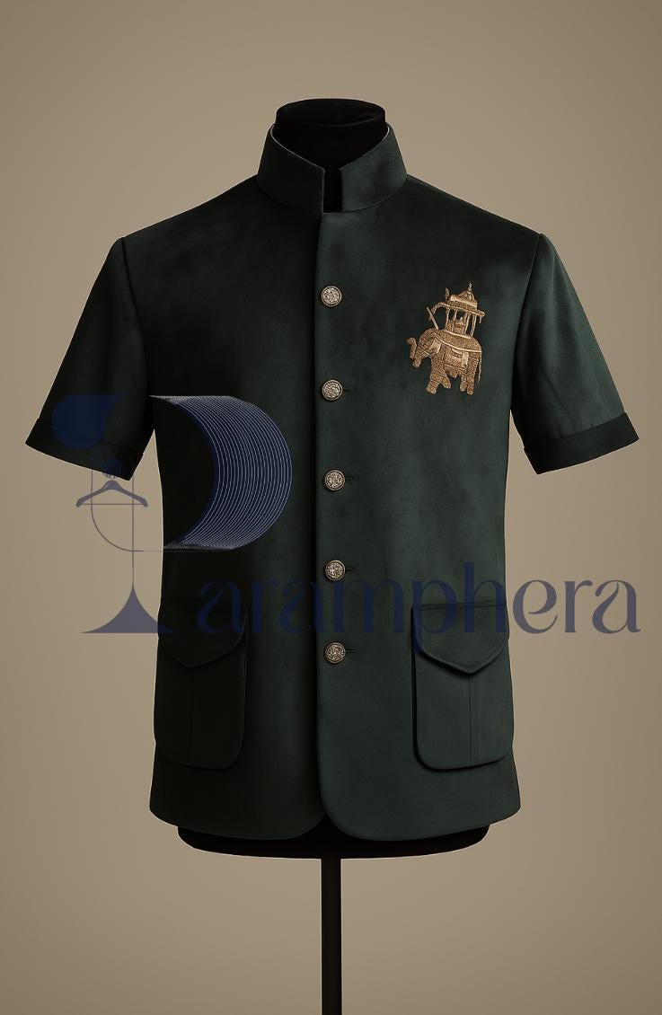 Green Velvet Nehru Jacket: Zardozi Elephant Embroidery, Handcrafted