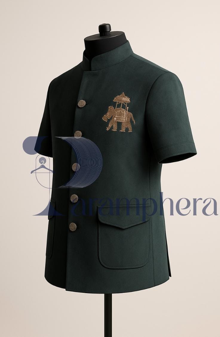 Green Velvet Nehru Jacket: Zardozi Elephant Embroidery, Handcrafted
