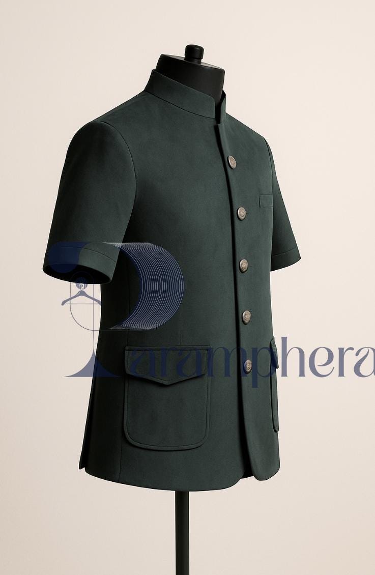 Green Velvet Nehru Jacket: Zardozi Elephant Embroidery, Handcrafted