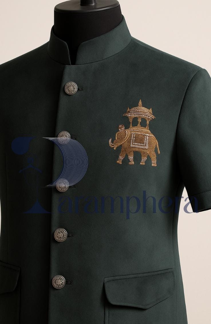 Green Velvet Nehru Jacket: Zardozi Elephant Embroidery, Handcrafted