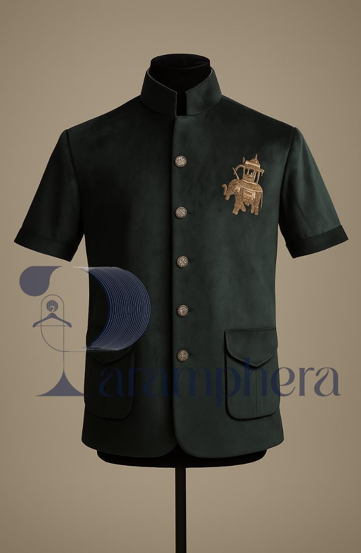 Green Velvet Nehru Jacket: Zardozi Elephant Embroidery, Handcrafted