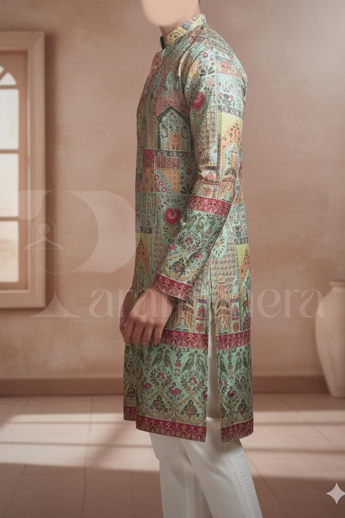 Men's Teal Brocade Kurta  Festive Printed Jacquard Tunic for Wedding & Groom | Indo-Western Sherwani Style