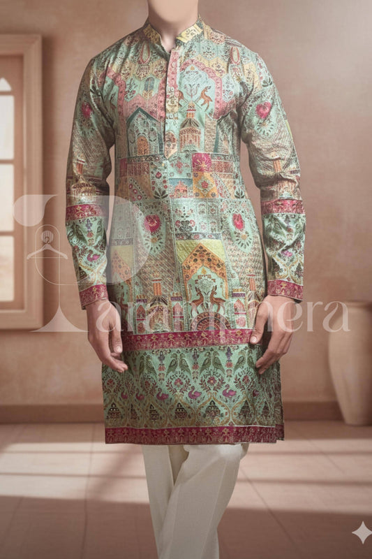 Men's Teal Brocade Kurta  Festive Printed Jacquard Tunic for Wedding & Groom | Indo-Western Sherwani Style