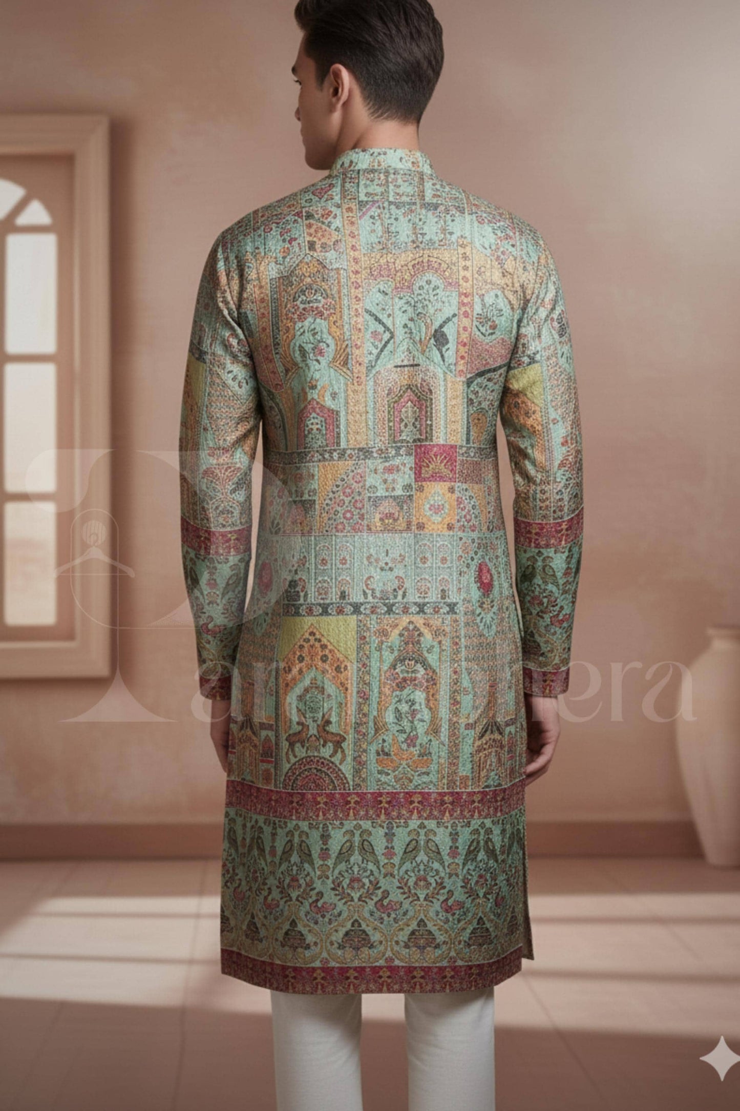 Men's Teal Brocade Kurta  Festive Printed Jacquard Tunic for Wedding & Groom | Indo-Western Sherwani Style