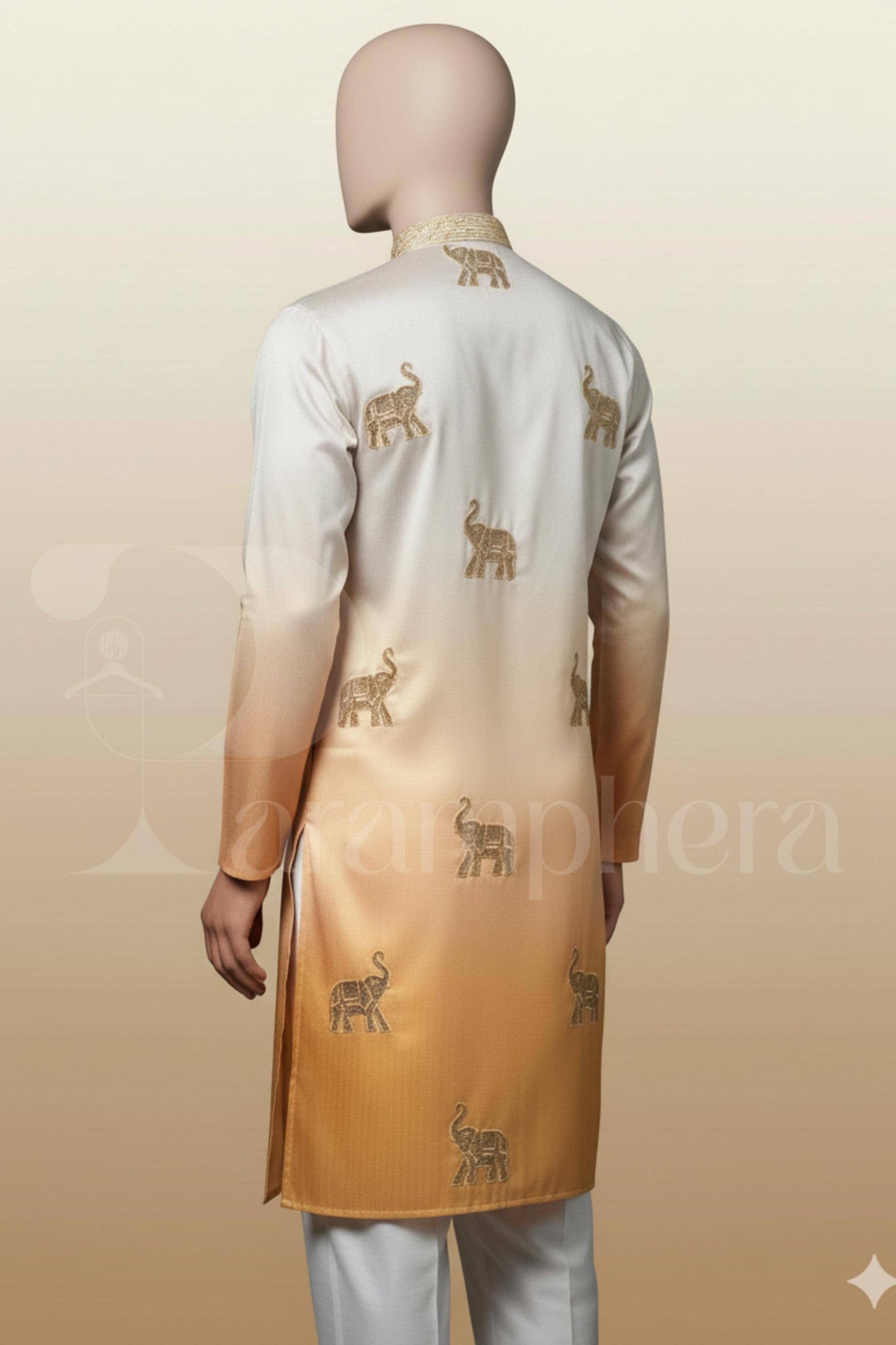 Gold Silk Kurta: Elephant Embroidery, Luxury Wedding Outfit