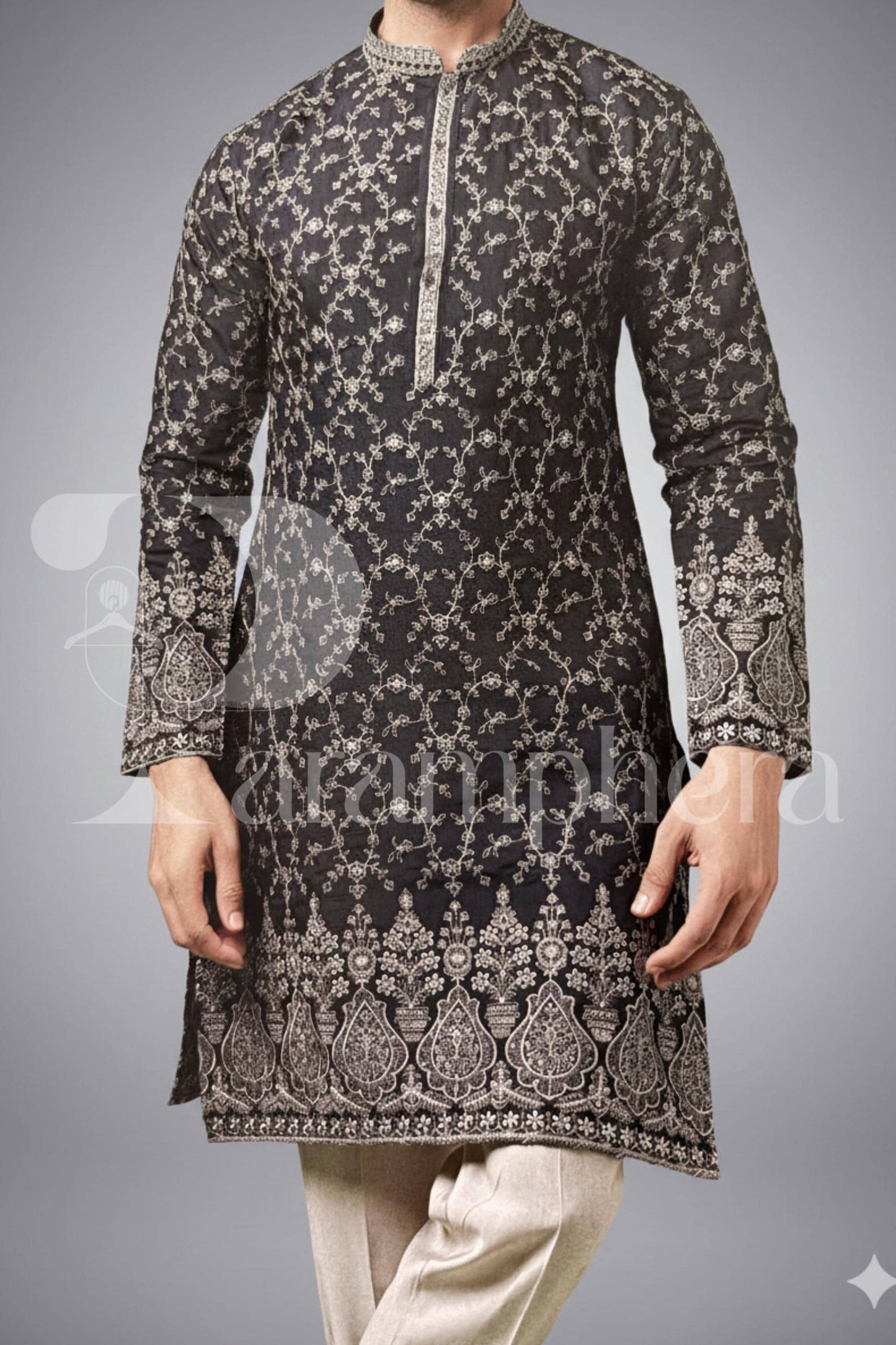 Black Embroidered Kurta Pajama Set: Indian Wedding Outfit